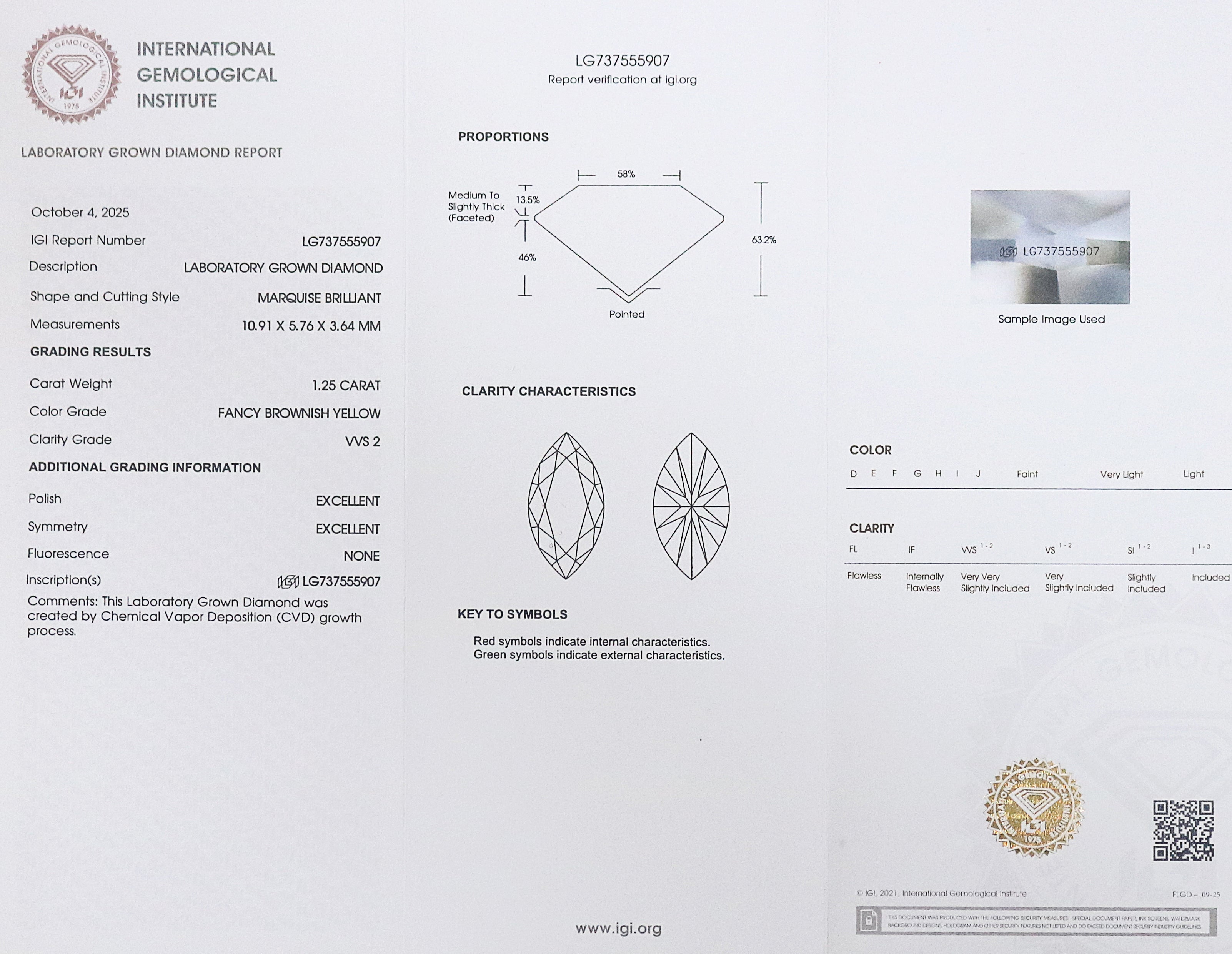 1.25 CT IGI Certified Marquise Brilliant Cut Fancy Brownish Yellow Color VVS2 Clarity Lab Grown CVD Diamond Lab Created Diamond L3452