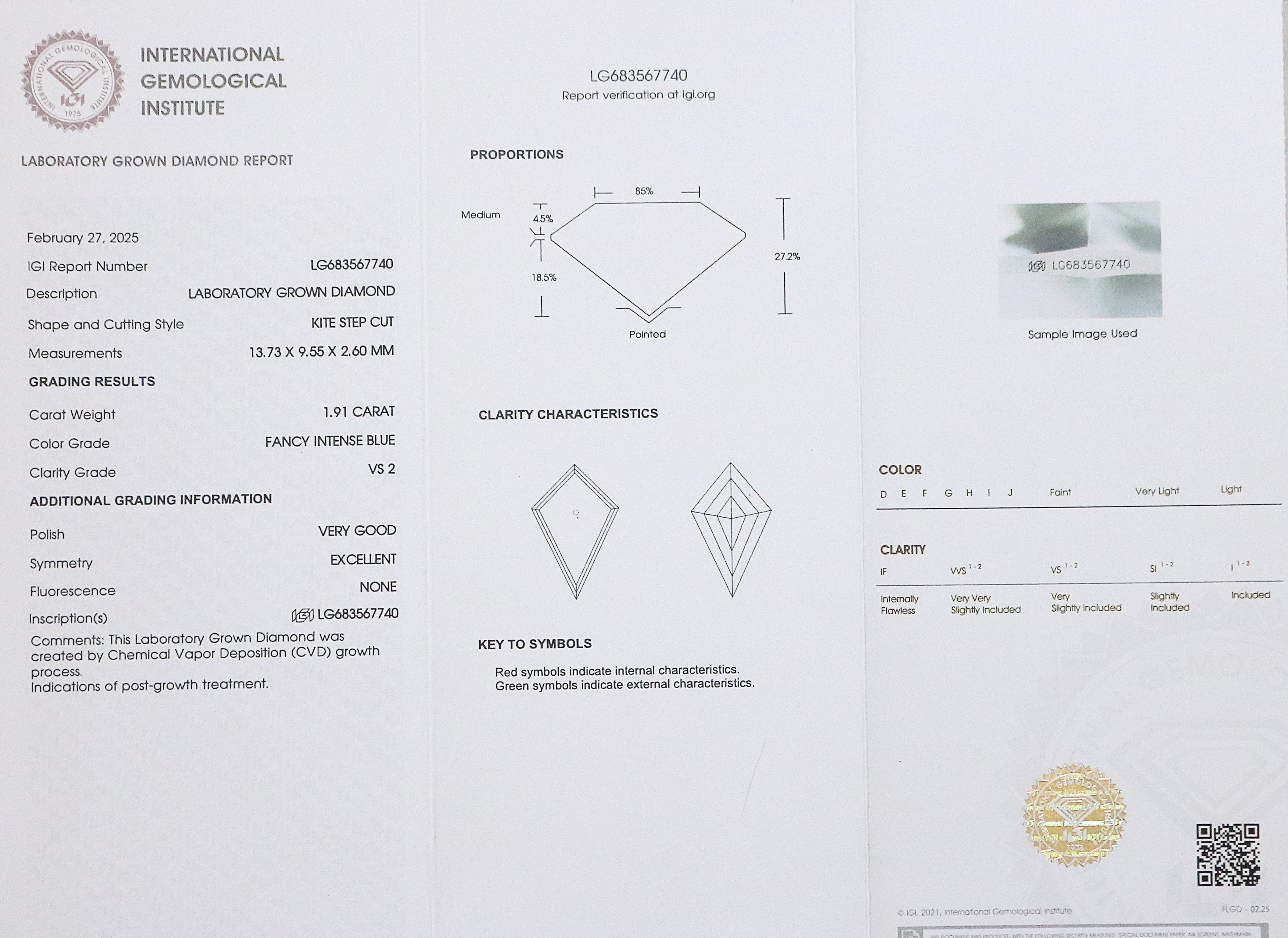 1.91 CT IGI Certified Kite Step Cut Diamond Fancy Intense Blue Color VS2 Clarity Lab Grown Diamond Lab Created Kite Cut CVD Diamond L3284