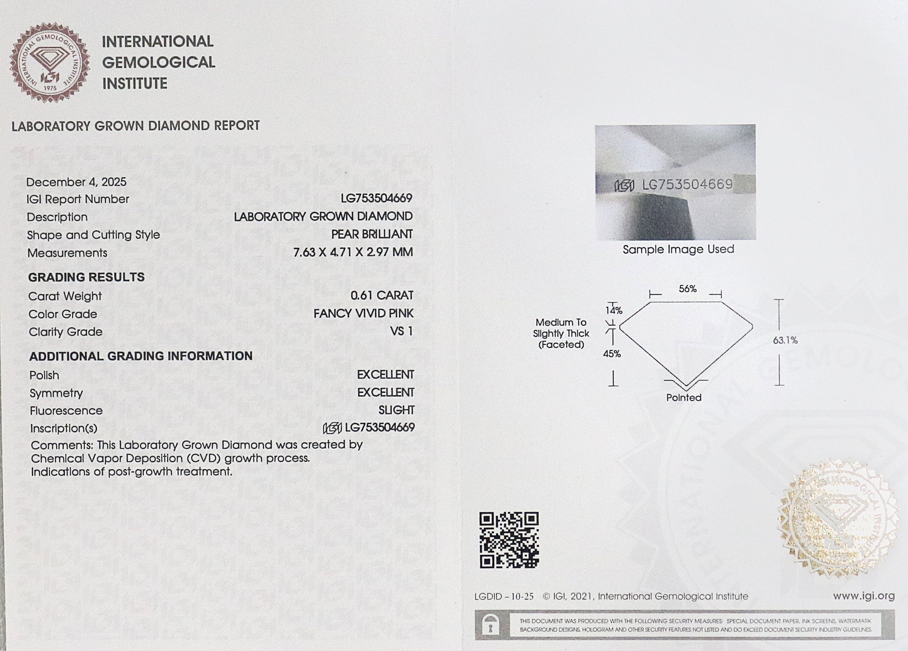 0.61 CT IGI Certified Pear Brilliant Cut Diamond Fancy Vivid Pink Color VS1 Clarity Lab Grown Diamond Lab Created Pear CVD Diamond L3493
