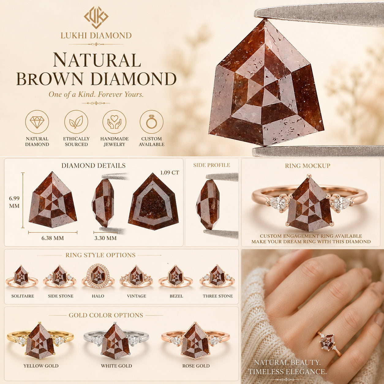 Natural Pentagon Brown Diamond 1.09 CT Loose Rose Cut Brown Stone 7.00 MM Rustic Diamond Pentagon Diamond For Custom Engagement Ring L3632