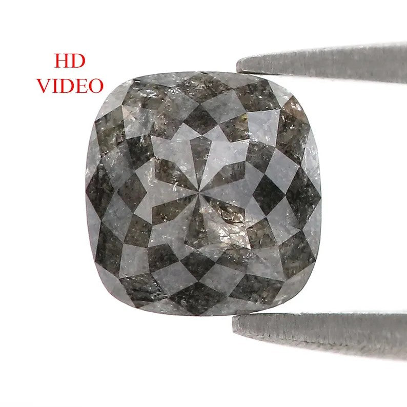 1.56 CT Natural Loose Cushion Shape Diamond Salt And Pepper Cushion Diamond 7.10 MM Natural Black Gray Color Cushion Rose Cut Diamond NQ9401