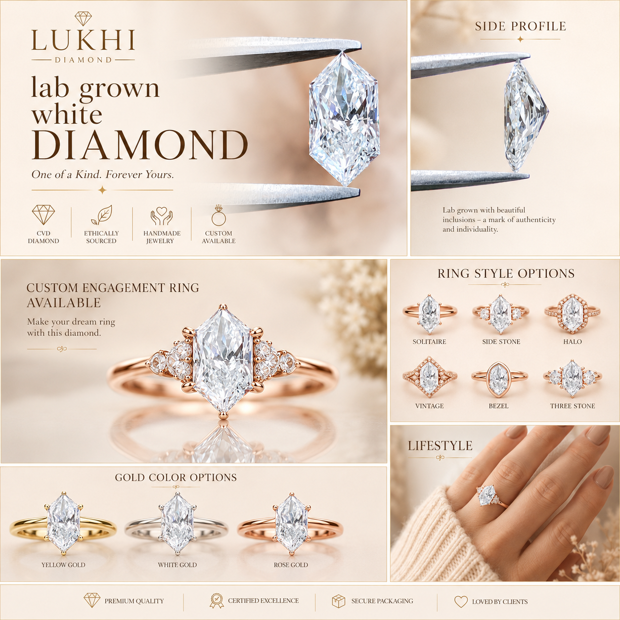 Lab Grown Hexagonal Cut Diamond, Modified Brilliant Cut Loose CVD Diamond, White Colorless Stone for Antique Style Engagement Ring Q204