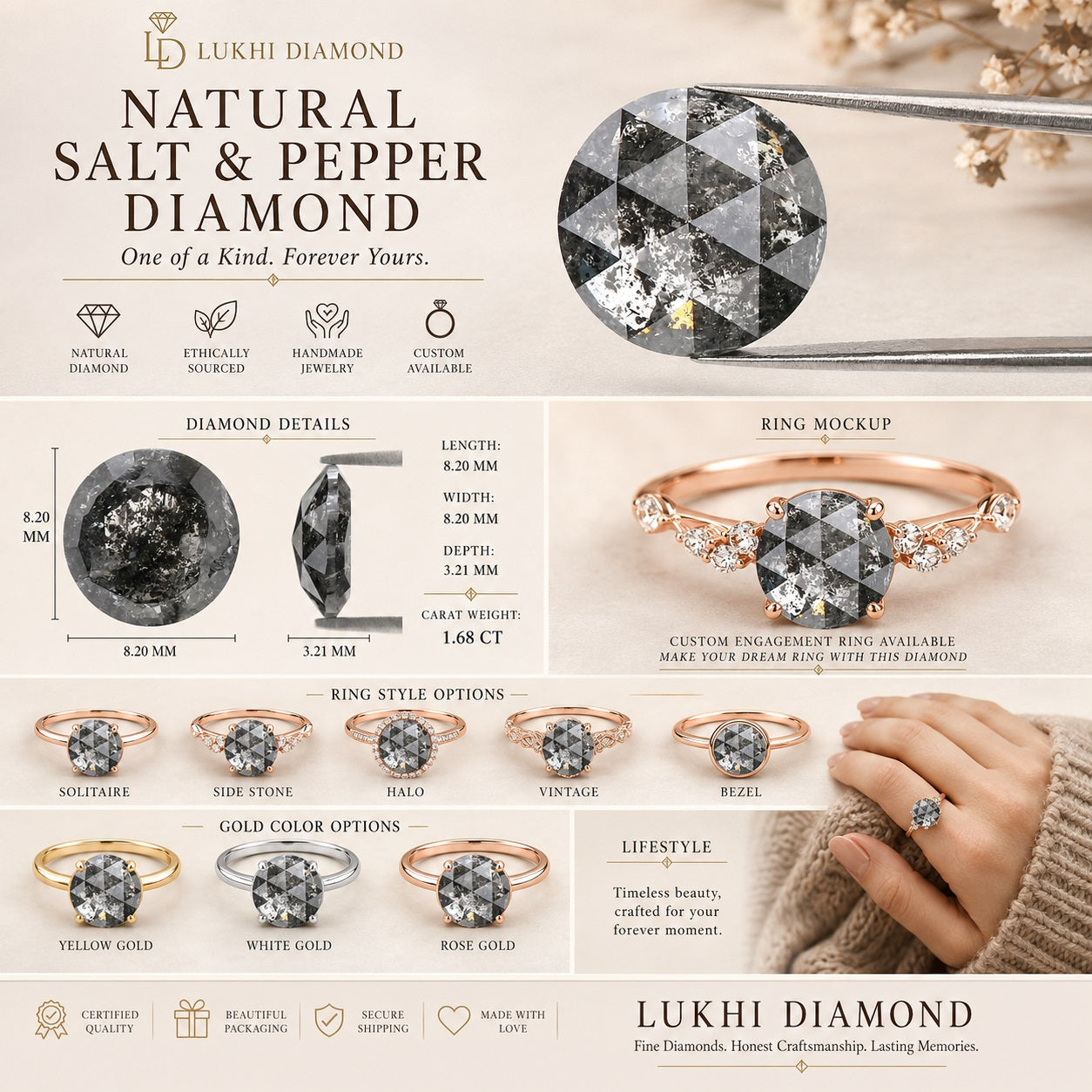 Natural Round Salt and Pepper Diamond 1.80 CT Loose Rose Cut Black Gray Stone 8.20 MM Rustic Diamond For Custom Engagement Ring L3681