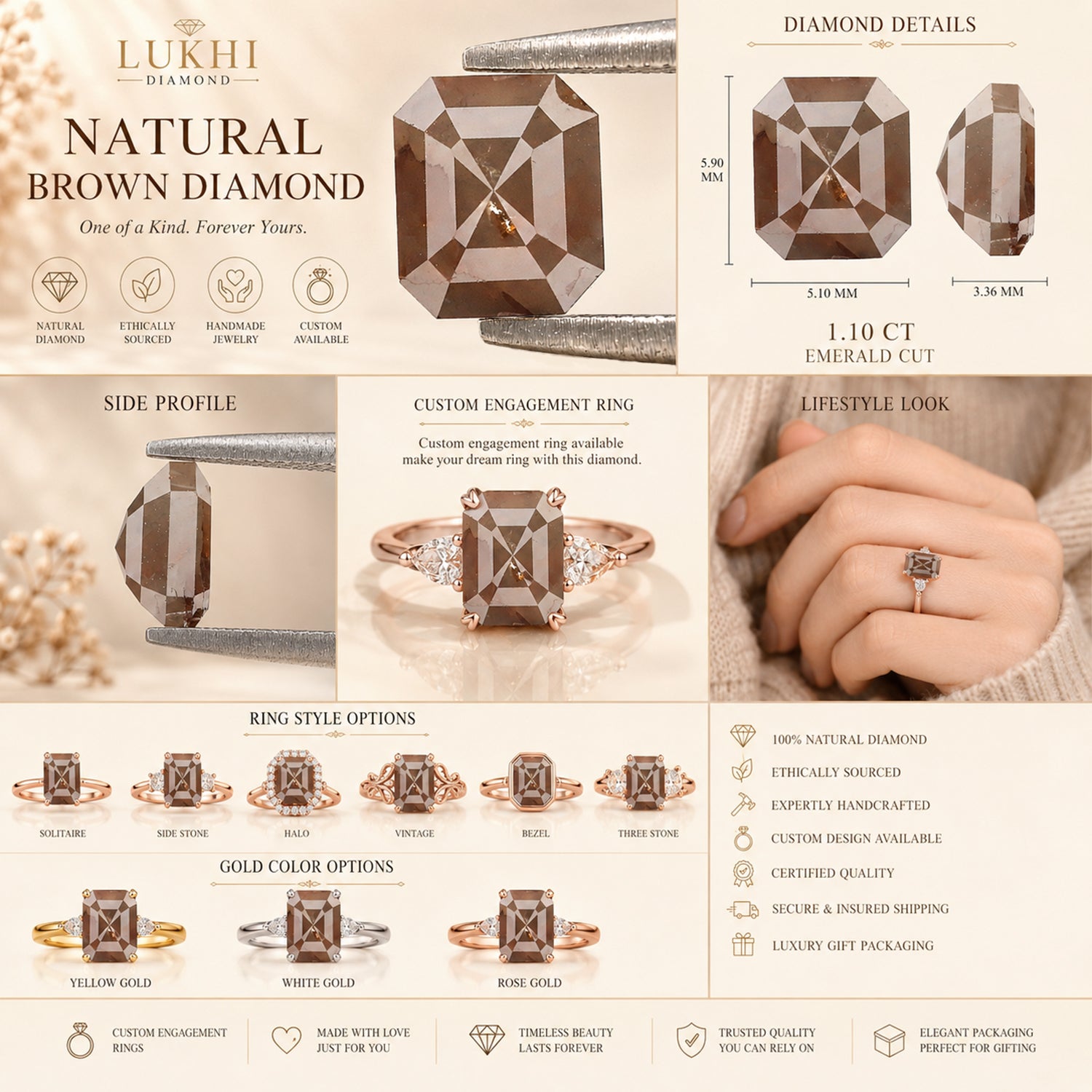 Natural Emerald Brown Diamond 1.10 CT Loose Rose Cut Stone 5.90 MM Rustic Diamond Emerald Diamond For Custom Engagement Ring L3658