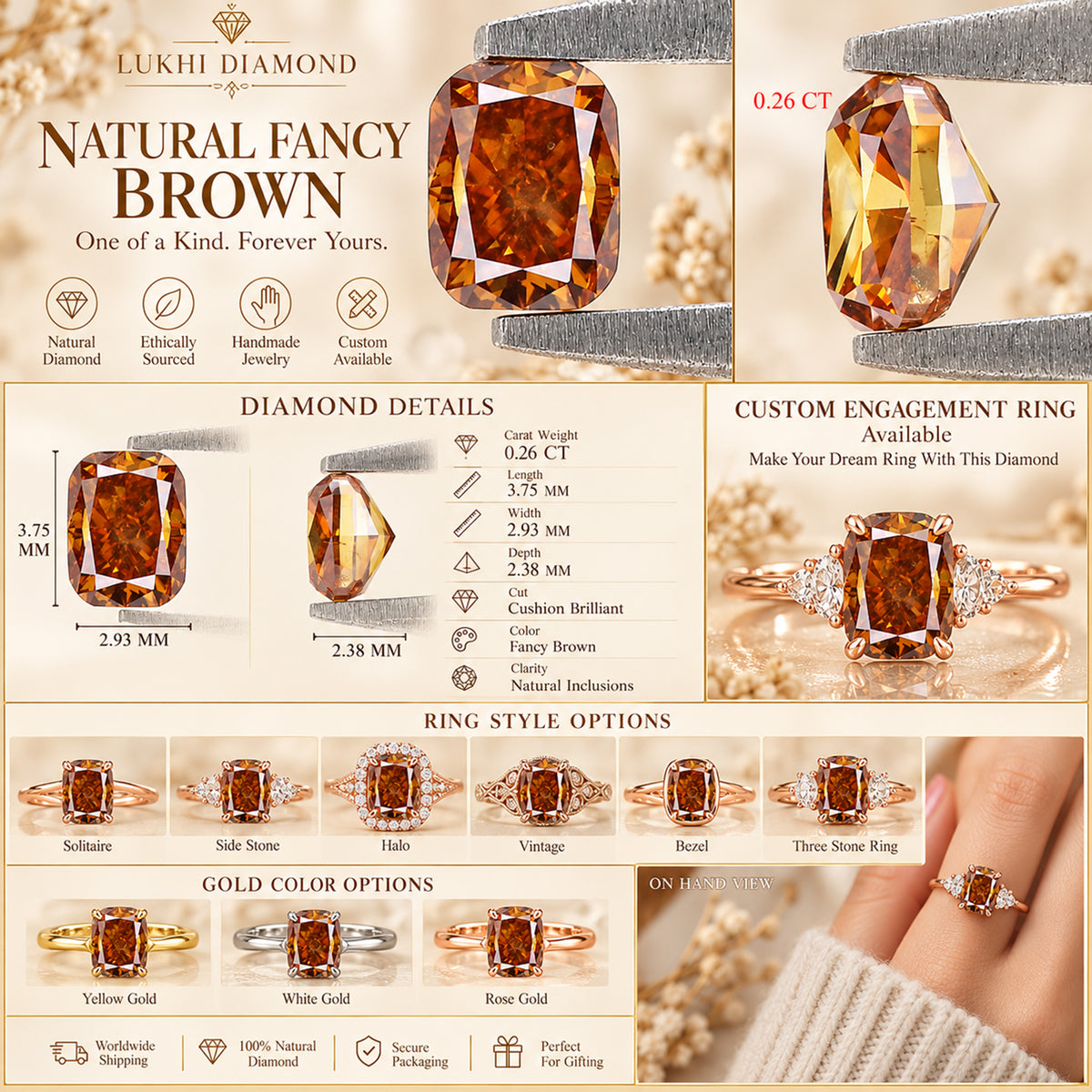 Natural Cushion Diamond 0.26 CT Loose Brilliant Cut Fancy Brown Color Stone 3.75 MM Cushion Rustic Diamond For Custom Engagement Ring L3700