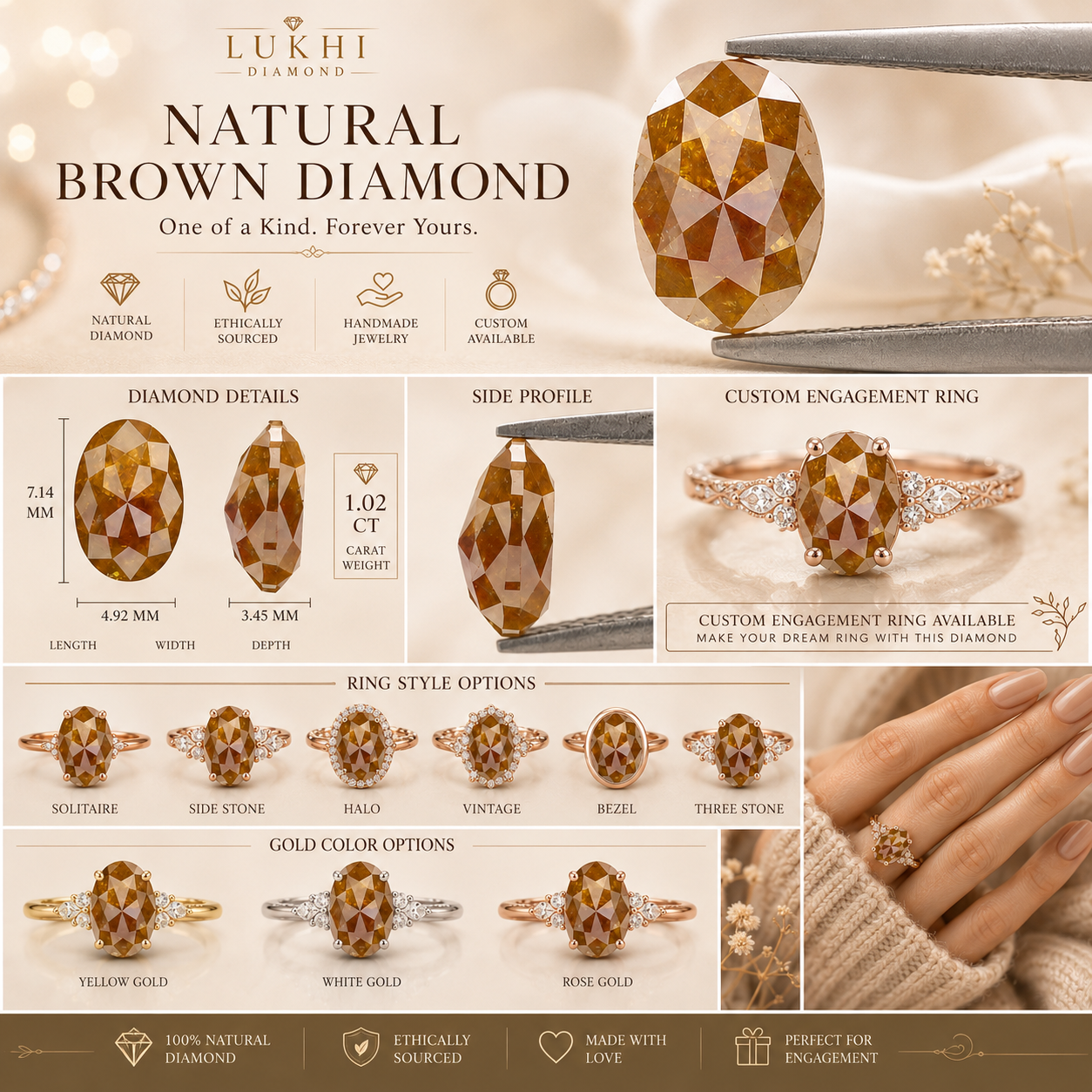 Natural Oval Brown Diamond 1.06 CT Loose Rose Cut Brown Stone 7.15 MM Rustic Diamond Oval Diamond For Custom Engagement Ring L3635