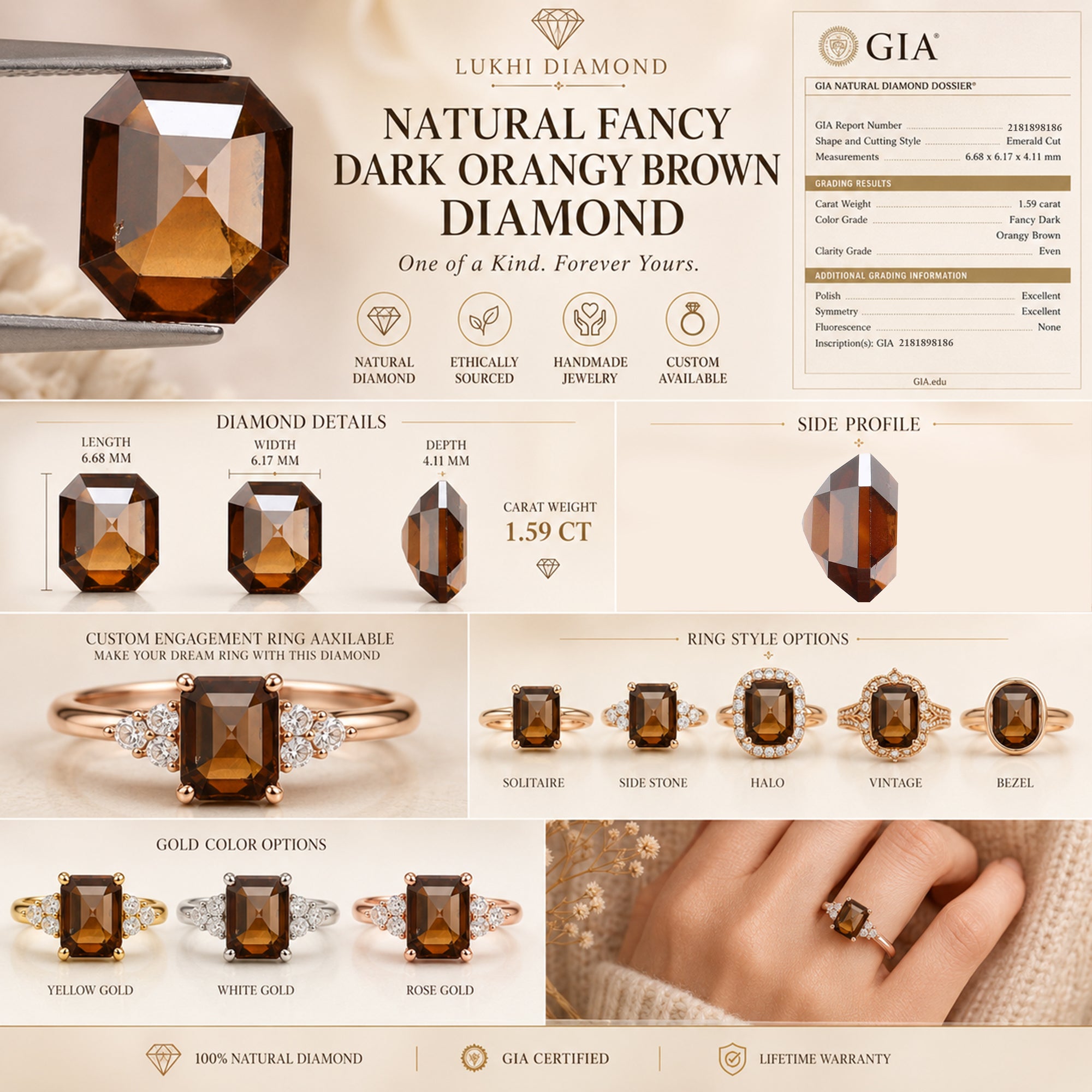 GIA Certified Natural Loose Emerald Diamond 1.59 CT Loose Natural Fancy Dark Orangy Brown Even 6.70 MM For Custom Engagement Ring L2468