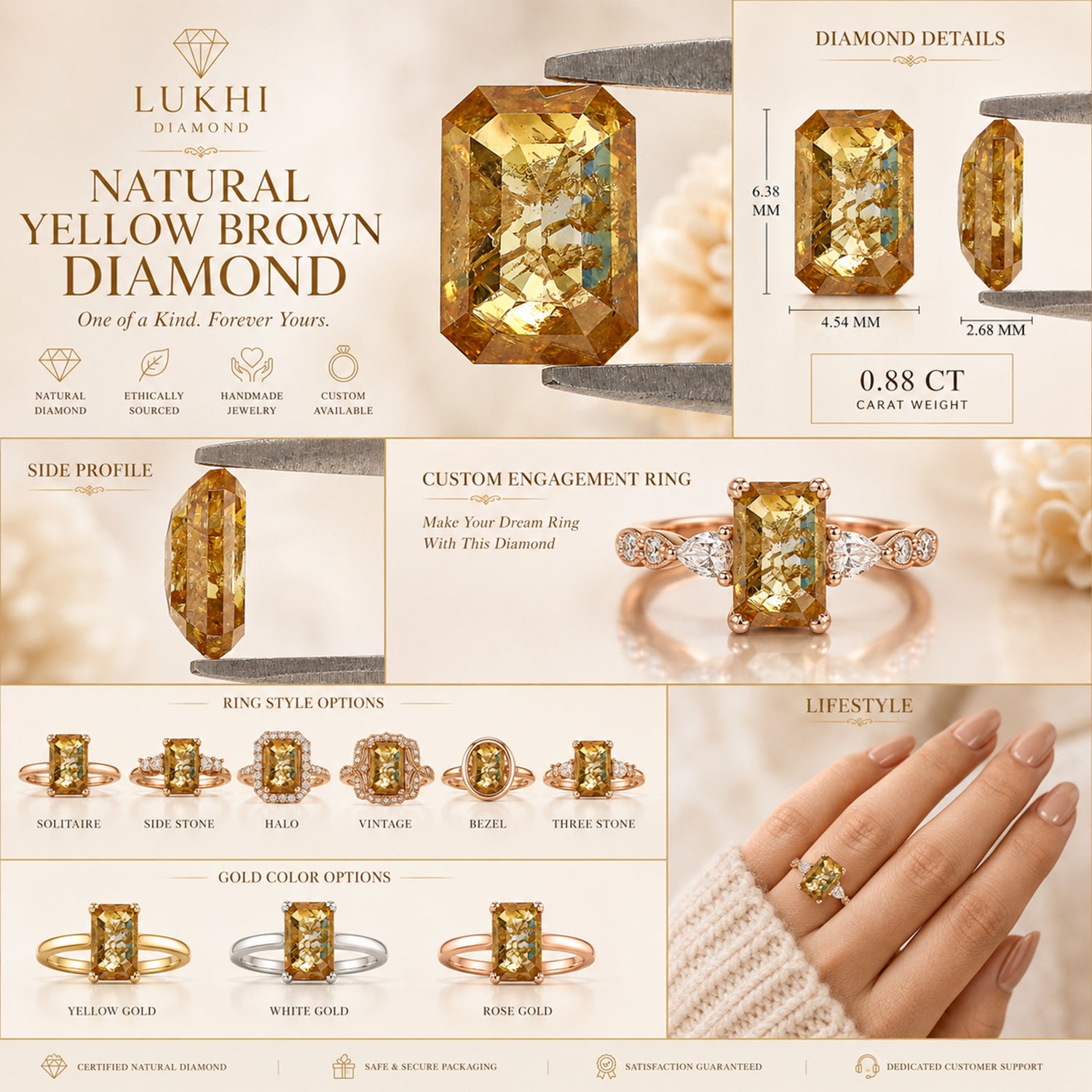 Natural Emerald Yellow Brown Color Diamond 0.88 CT Loose Rose Cut Stone 6.40 MM Rustic Diamond Emerald Diamond For Custom Engagement Ring L3651