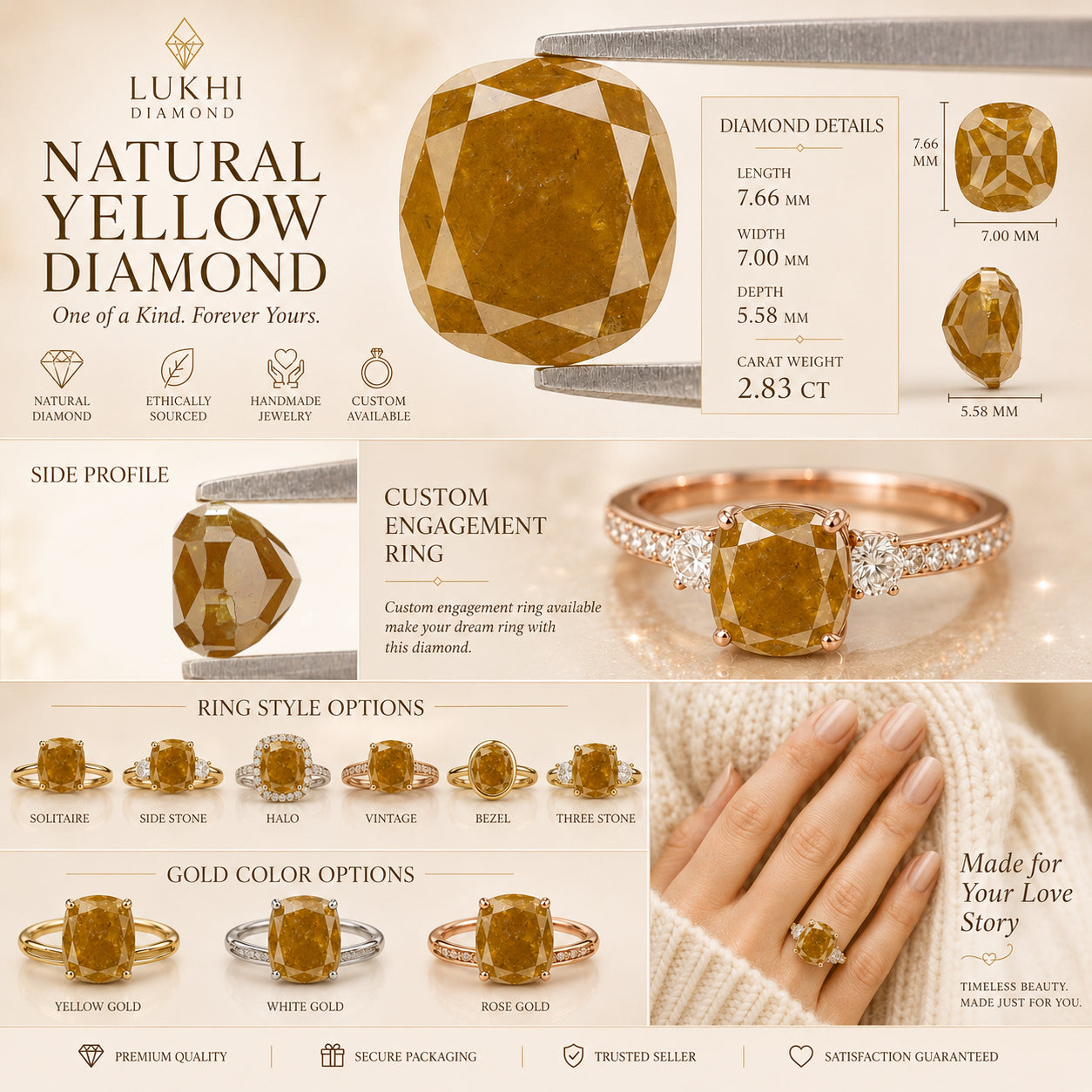 Natural Cushion Yellow Diamond 2.83 CT Loose Brilliant Cut Yellow Color Stone 7.65 MM Rustic Cushion Diamond Custom Engagement Ring L3645