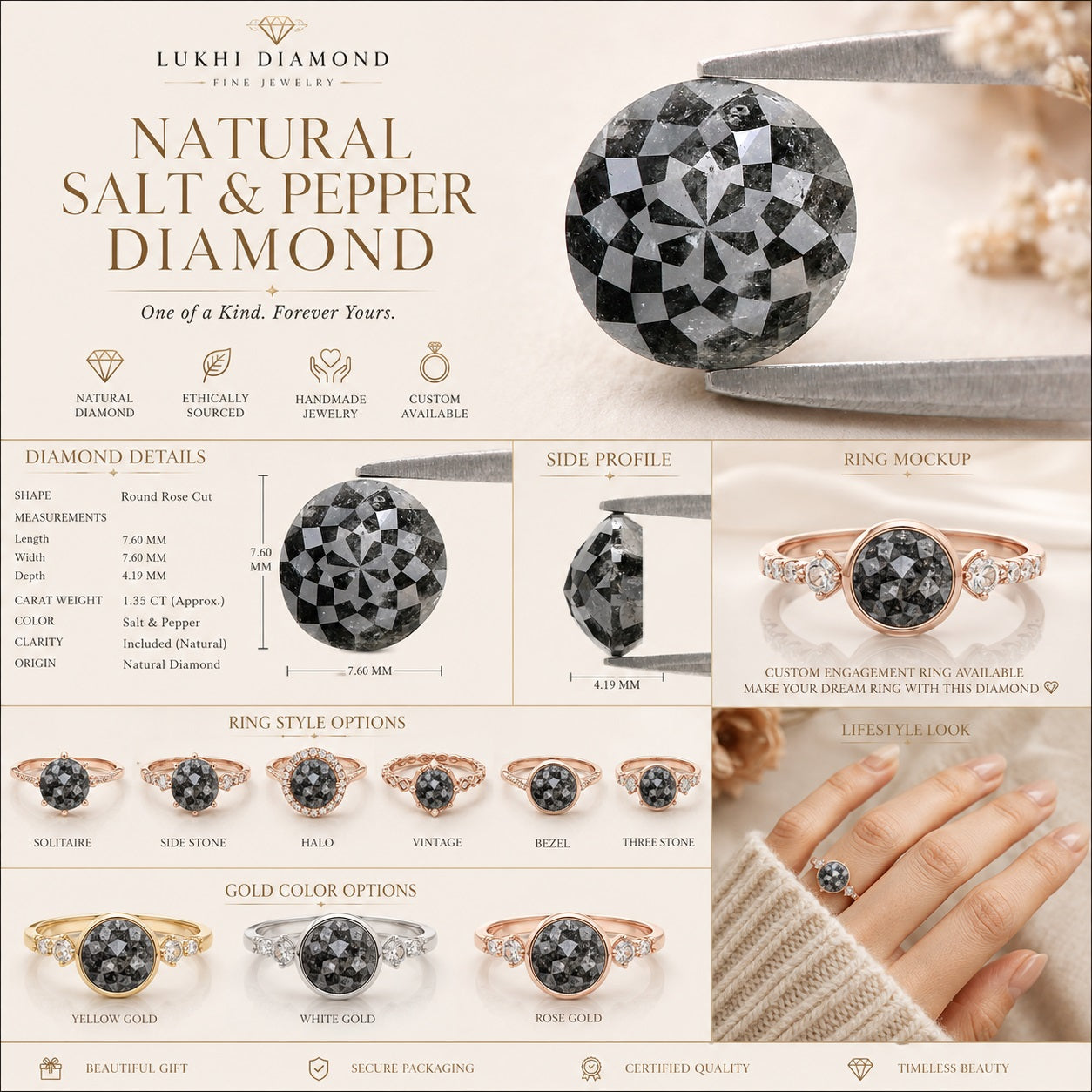 Natural Round Salt and Pepper Diamond 2.07 CT Loose Rose Cut Black Grey Stone 7.60 MM Rustic Diamond For Custom Engagement Ring L3684