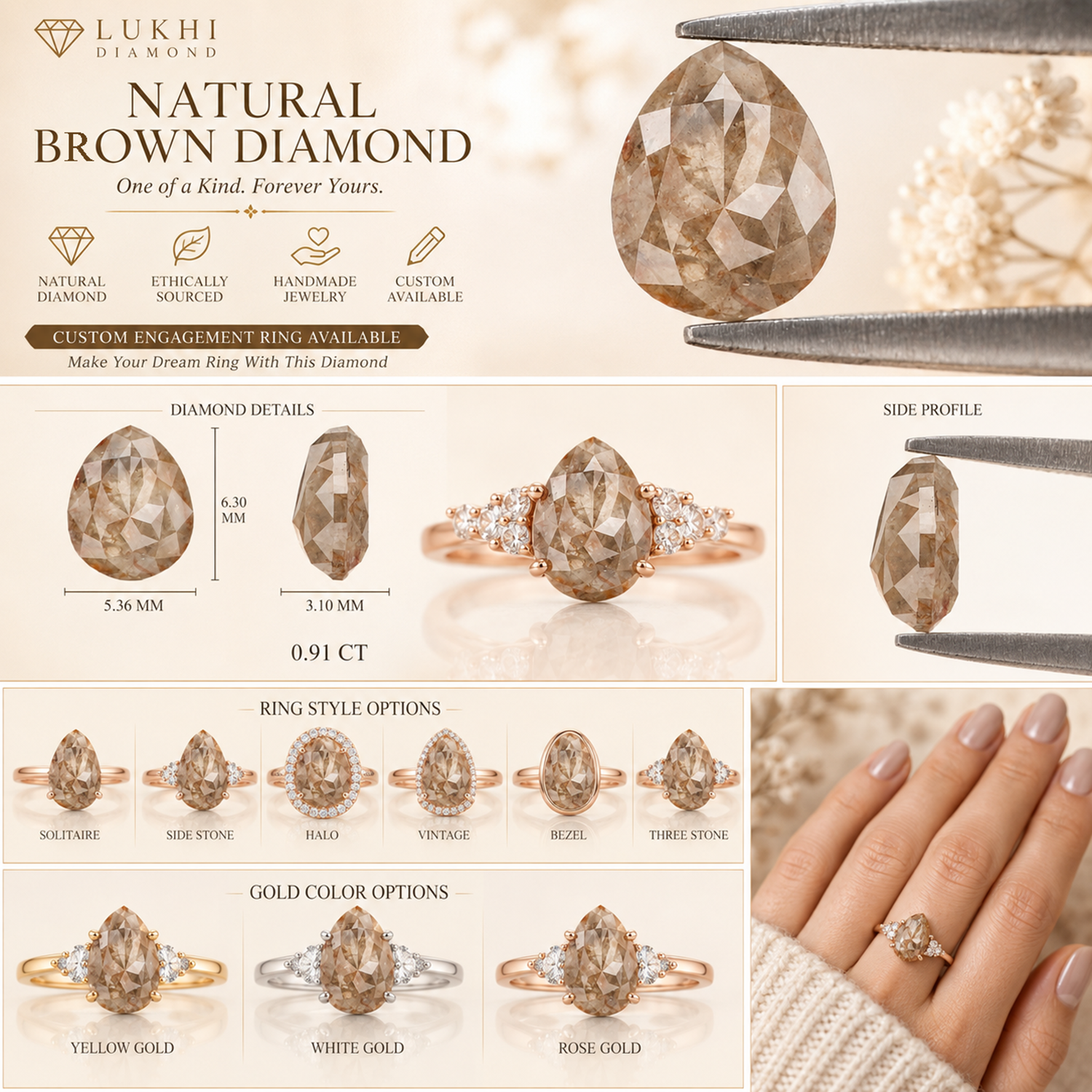 Natural Pear Diamond 0.91 CT Loose Rose Cut Brown Stone 6.30 MM Rustic Diamond For Custom Engagement Ring L3627