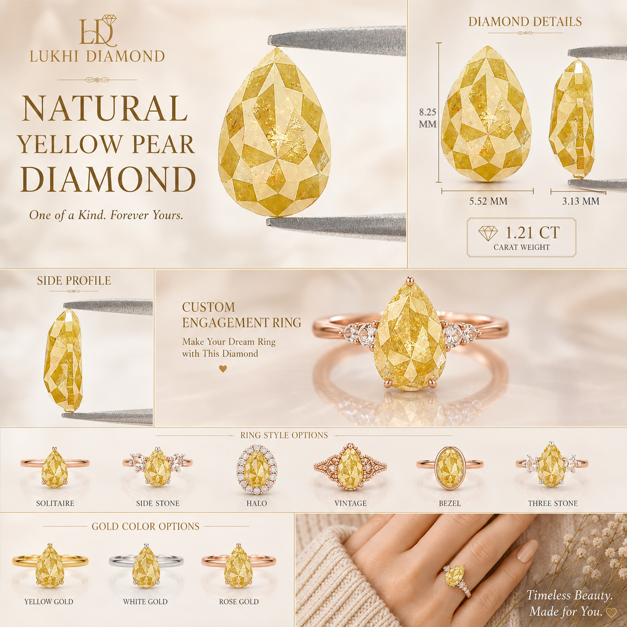 Natural Pear Yellow Diamond 1.21 CT Loose Rose Cut Yellow Stone 8.25 MM Rustic Diamond Pear Diamond For Custom Engagement Ring L3643