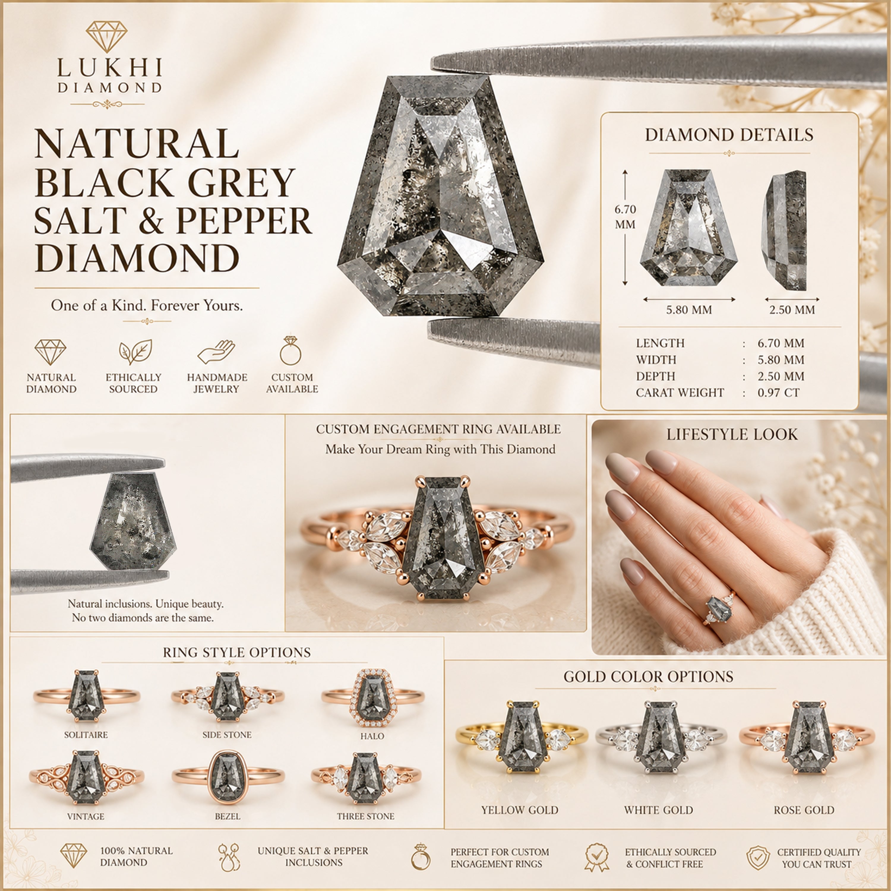Natural Coffin Salt and Pepper Diamond 0.97 CT Loose Rose Cut Black Grey Color Stone 6.70 MM Rustic Diamond For Custom Engagement Ring L3677