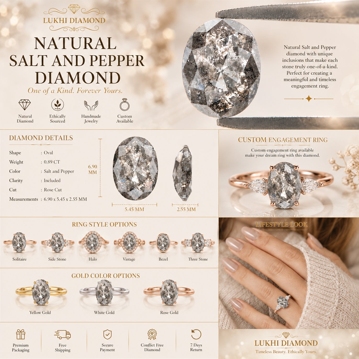 0.89 CT Natural Loose Oval Shape Diamond Salt And Pepper Oval Diamond 6.90 MM Natural Diamond Black Grey Color Oval Rose Cut Diamond QL1445