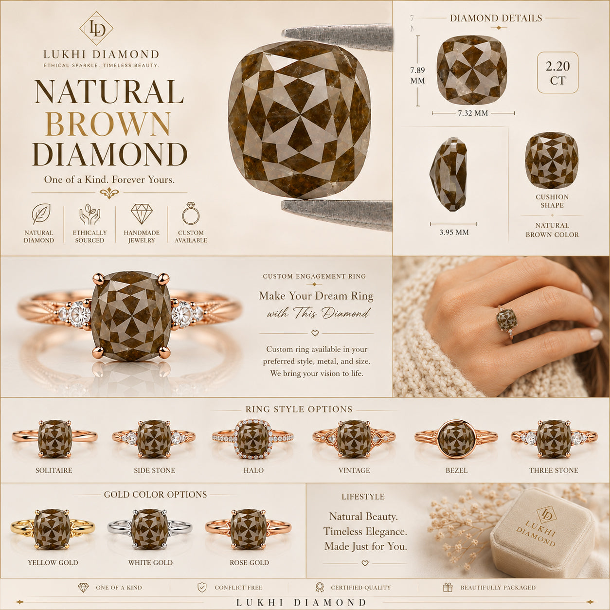 Natural Cushion Brown Color Diamond 2.20 CT Loose Cushion Rose Cut Brown Color Stone 7.90 MM Rustic Diamond For Custom Engagement Ring L3647