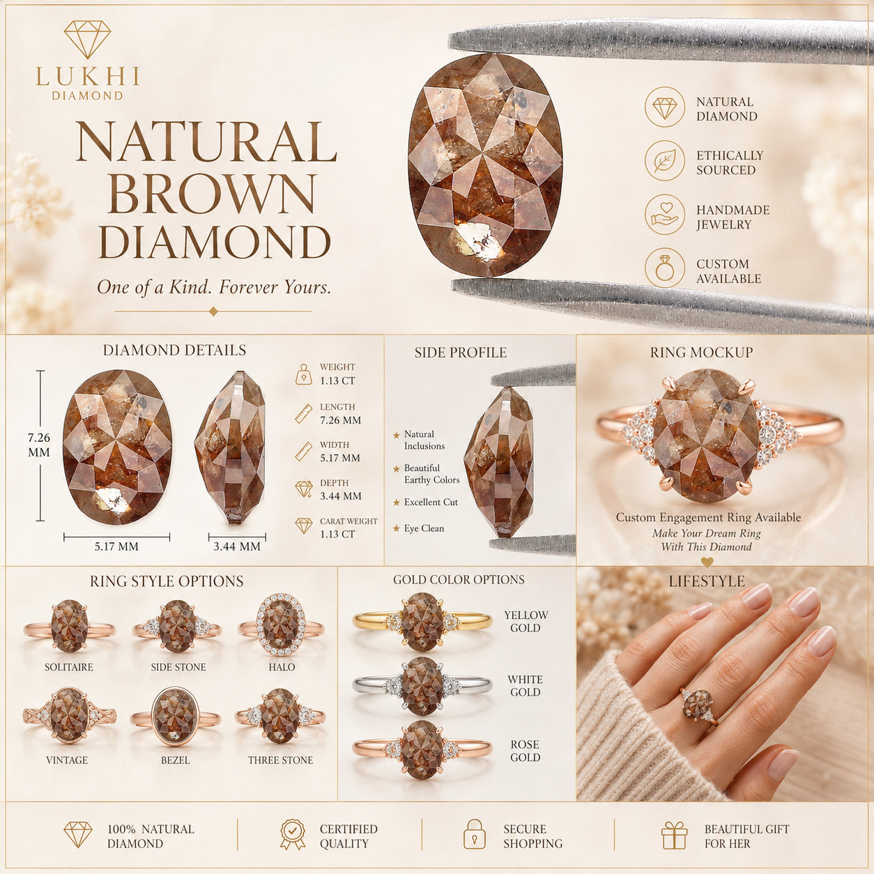 Natural Oval Brown Diamond 1.13 CT Loose Rose Cut Brown Stone 7.25 MM Rustic Diamond Oval Diamond For Custom Engagement Ring L3641