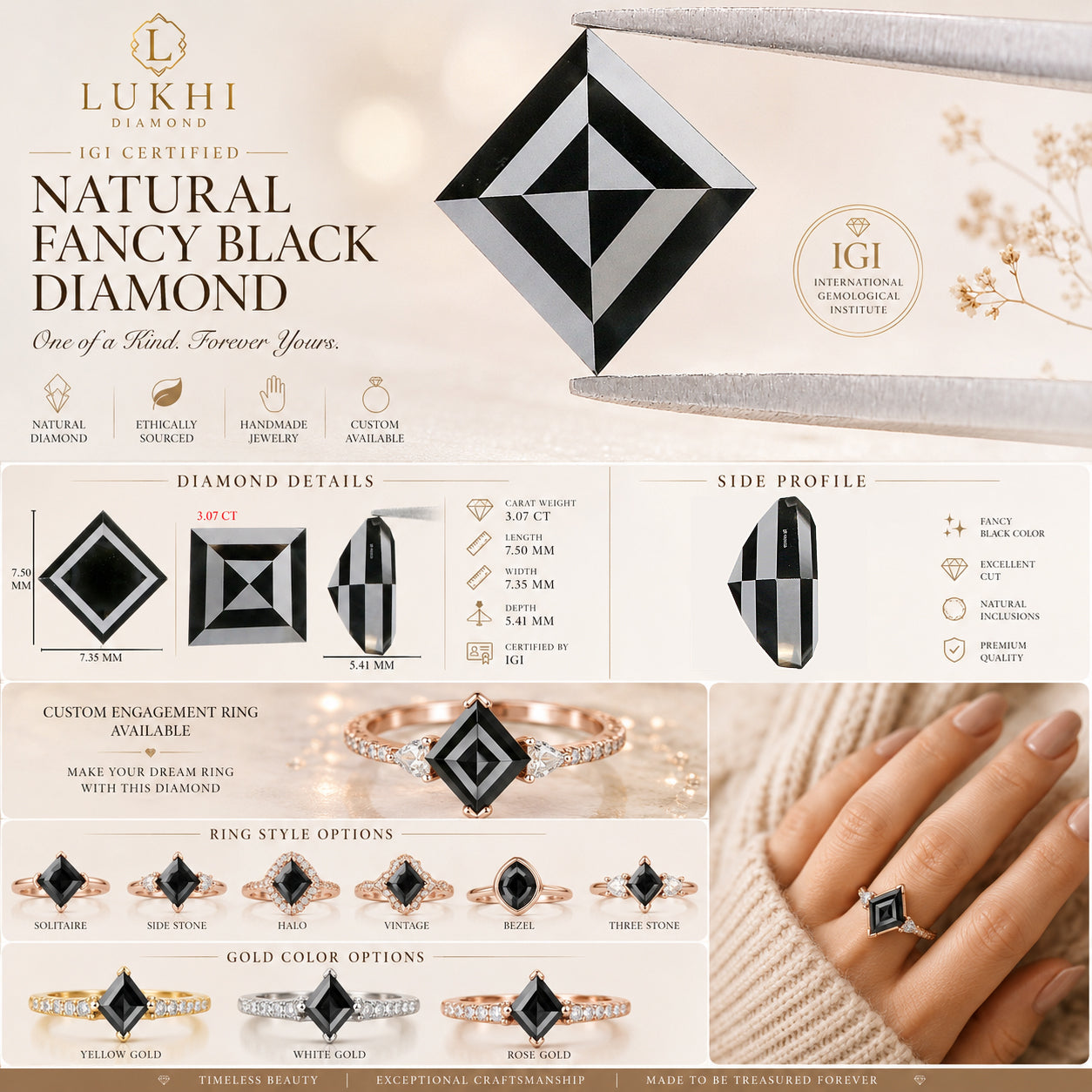 IGI Certified Natural Loose Princess Cut Diamond 3.07 CT Loose Fancy Black Color 7.50 MM Kite Diamond For Custom Engagement Ring QL8662