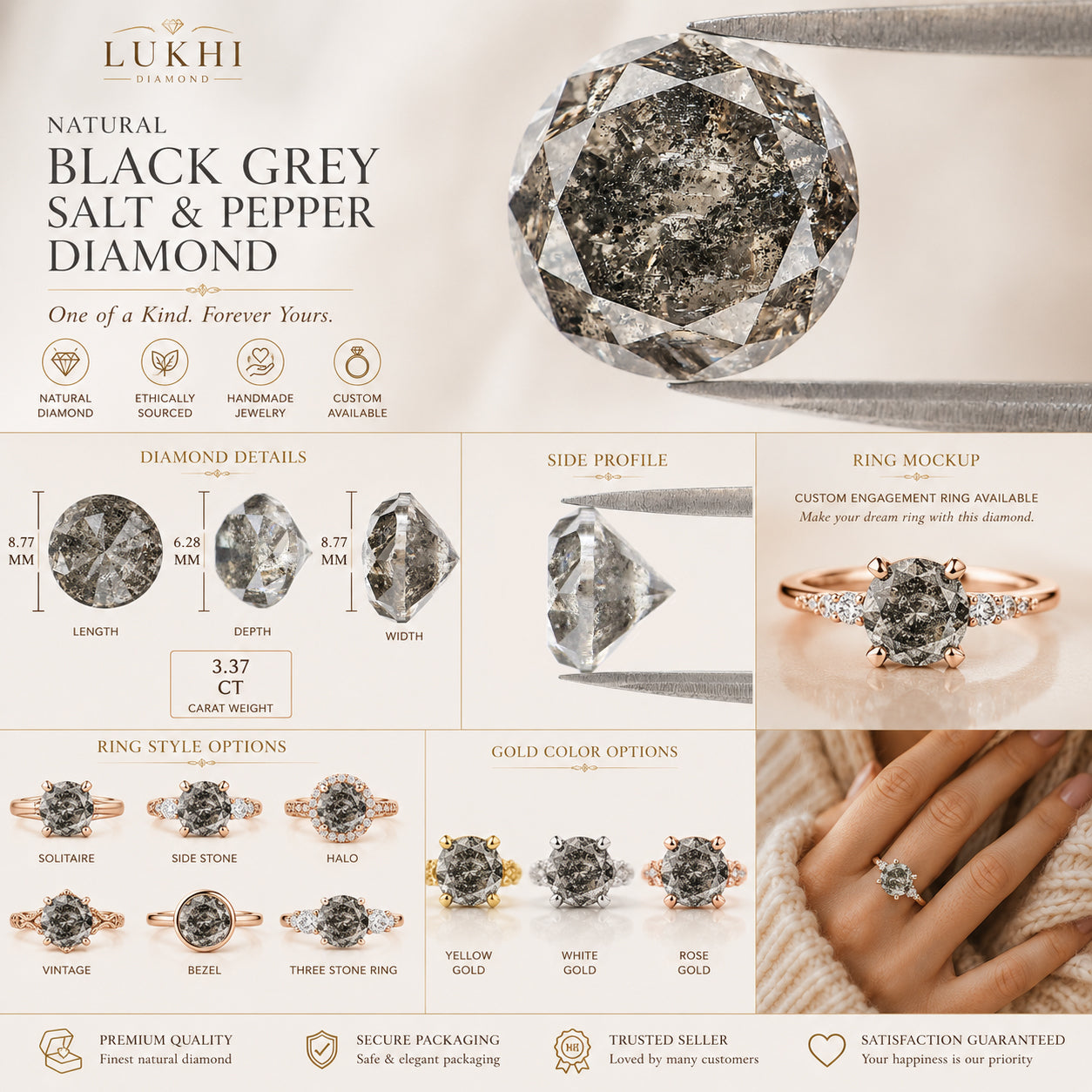 Natural Round Salt and Pepper Diamond 3.37 CT Loose Brilliant Cut Black Grey Stone 8.75 MM Rustic Diamond For Custom Engagement Ring QL2303