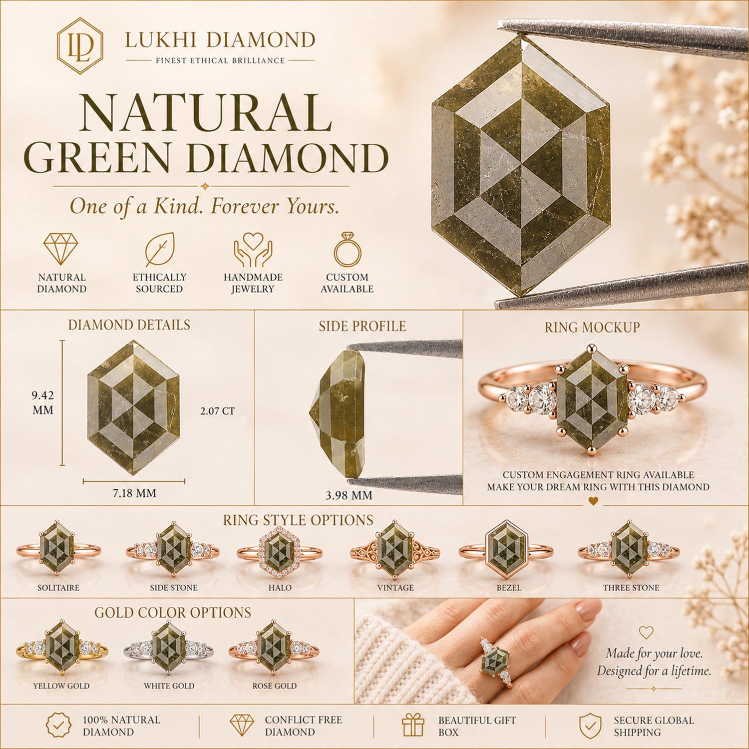 Natural Hexagon Cut Green Color Diamond 2.07 CT Loose Hexagon Rose Cut Green Stone 9.40 MM Rustic Diamond For Custom Engagement Ring L3646