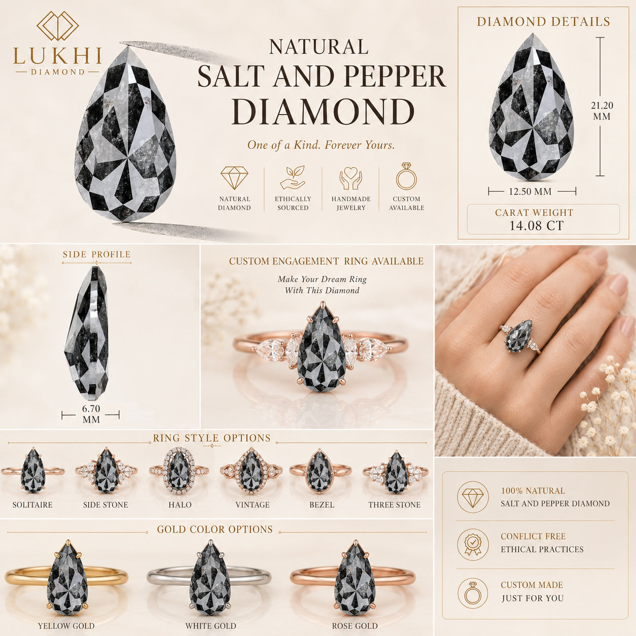 Natural Pear Salt and Pepper Diamond 14.08 CT Loose Rose Cut Black Grey Stone 21.20 MM Rustic Diamond For Custom Engagement Ring QL3018
