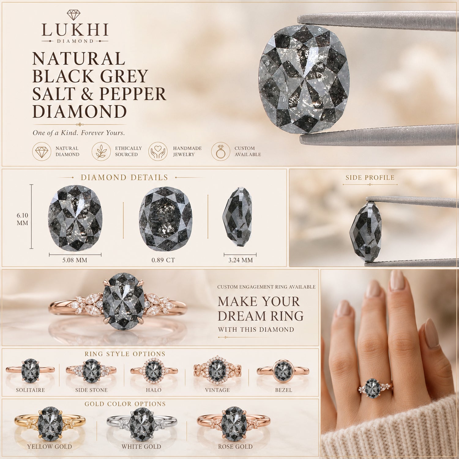 Natural Oval Salt and Pepper Diamond 0.89 CT Loose Oval Rose Cut Black Grey Stone 6.10 MM Rustic Diamond For Custom Engagement Ring L3628