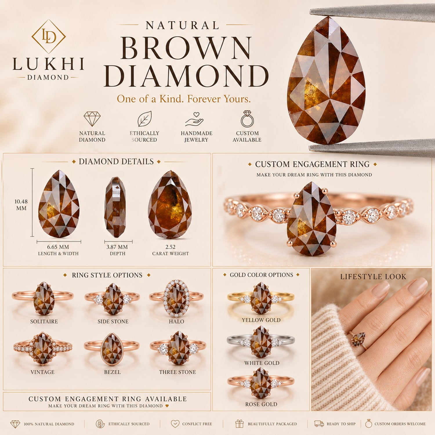 Natural Pear Brown Diamond 2.52 CT Loose Rose Cut Brown Stone 10.45 MM Rustic Diamond Pear Diamond For Custom Engagement Ring L3648