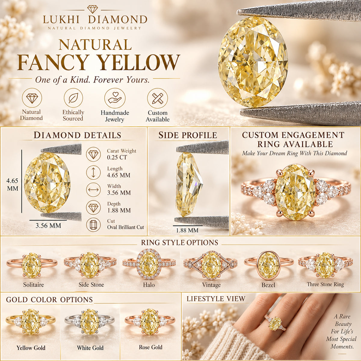 Natural Oval Diamond 0.25 CT Loose Brilliant Cut Fancy Yellow Color Stone 4.65 MM Rustic Diamond For Custom Engagement Ring L3699