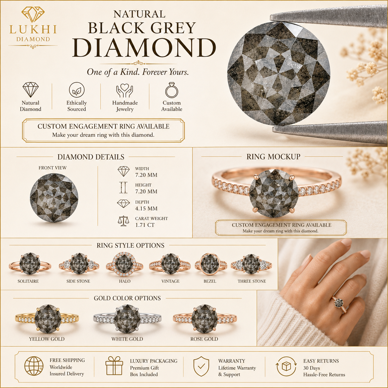 1.71 Ct Natural Loose Round Rose Cut Diamond Black Color Rose Cut Diamond 7.20 MM Natural Loose Salt And Pepper Rose Cut Diamond QL1198