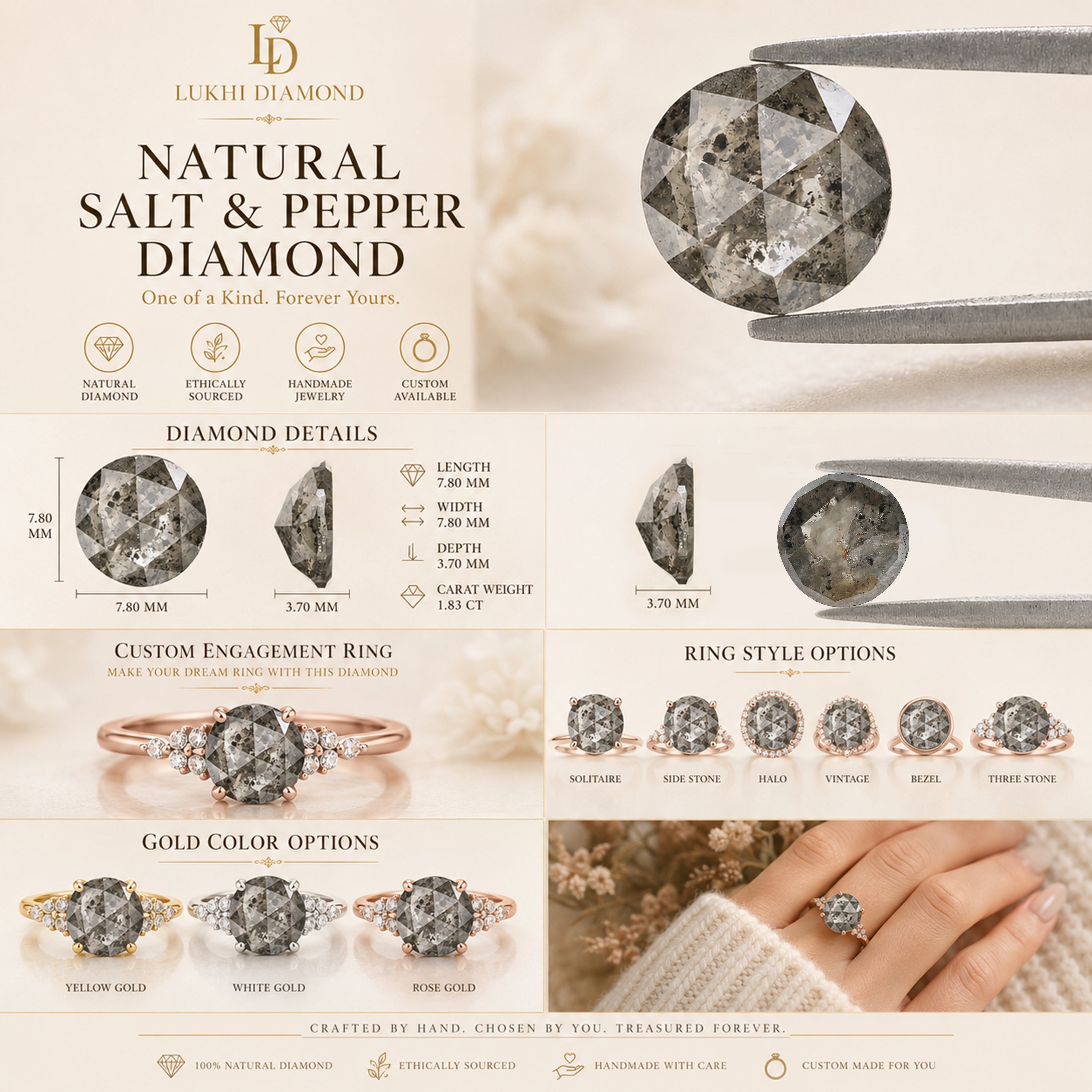 Natural Round Salt and Pepper Diamond 1.83 CT Loose Round Rose Cut Black Grey Stone 7.80 MM Rustic Diamond For Custom Engagement Ring L3682