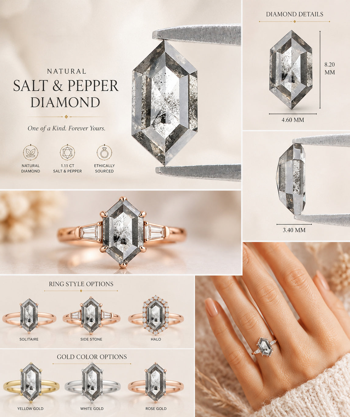 Natural Hexagon Salt and Pepper Diamond 1.11 CT Loose Rose Cut Black Grey Stone 8.20 MM Rustic Diamond For Custom Engagement Ring L3617