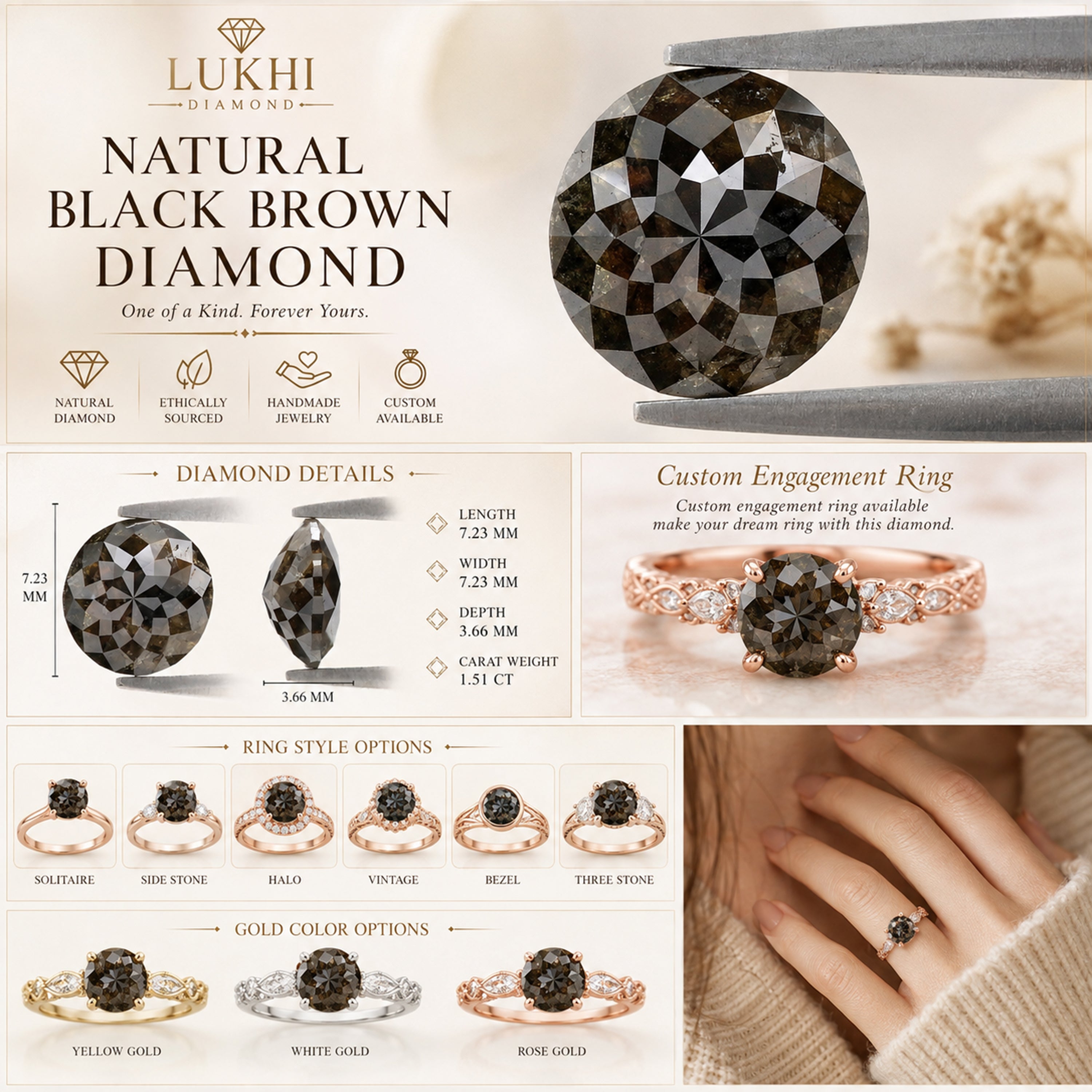Natural Round Black Color Diamond 1.51 CT Loose Round Rose Cut Brown Color Stone 7.23 MM Rustic Diamond For Custom Engagement Ring L3685