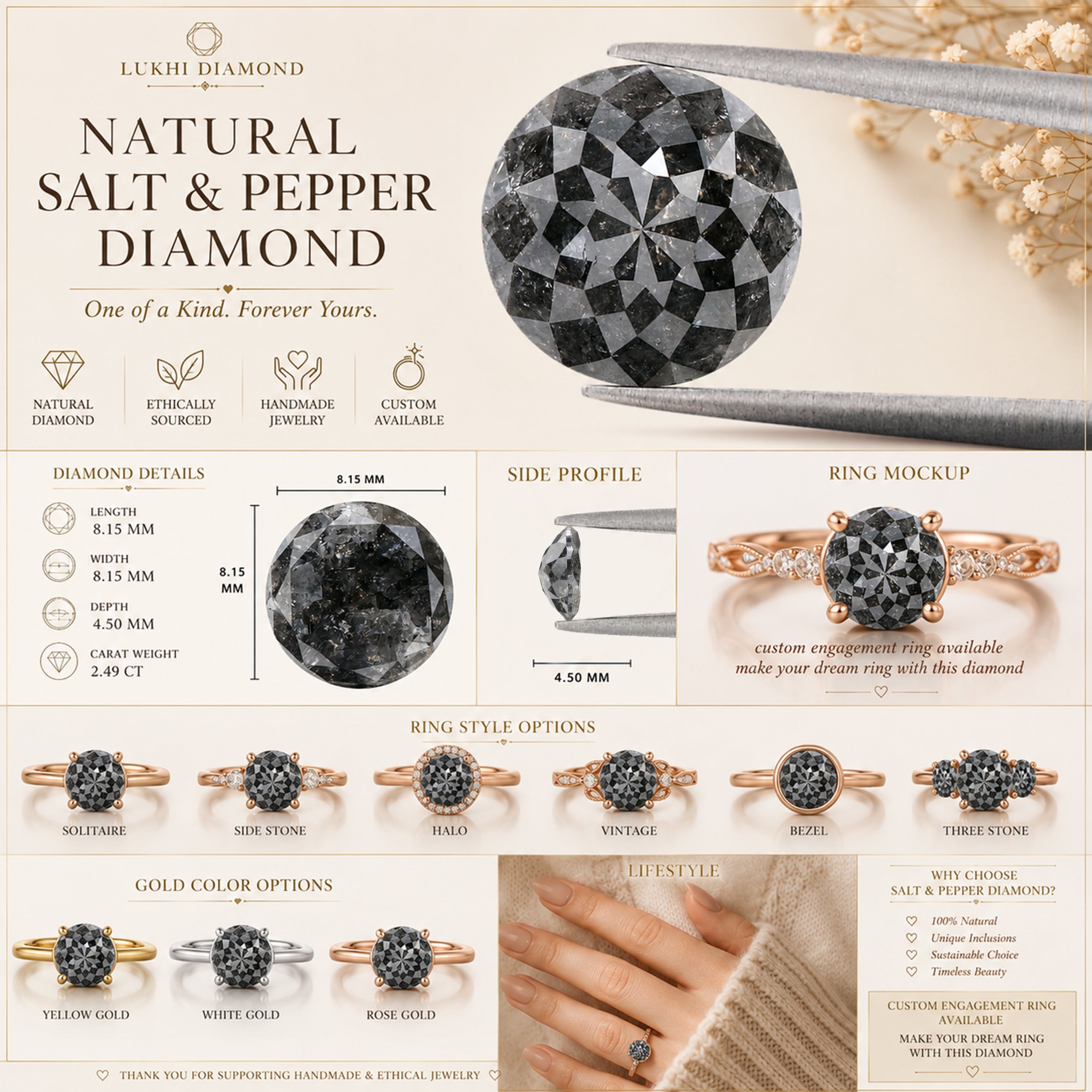 Natural Round Salt and Pepper Diamond 2.49 CT Loose  Round Rose Cut Black Grey Stone 8.15 MM Rustic Diamond For Custom Engagement Ring L3683