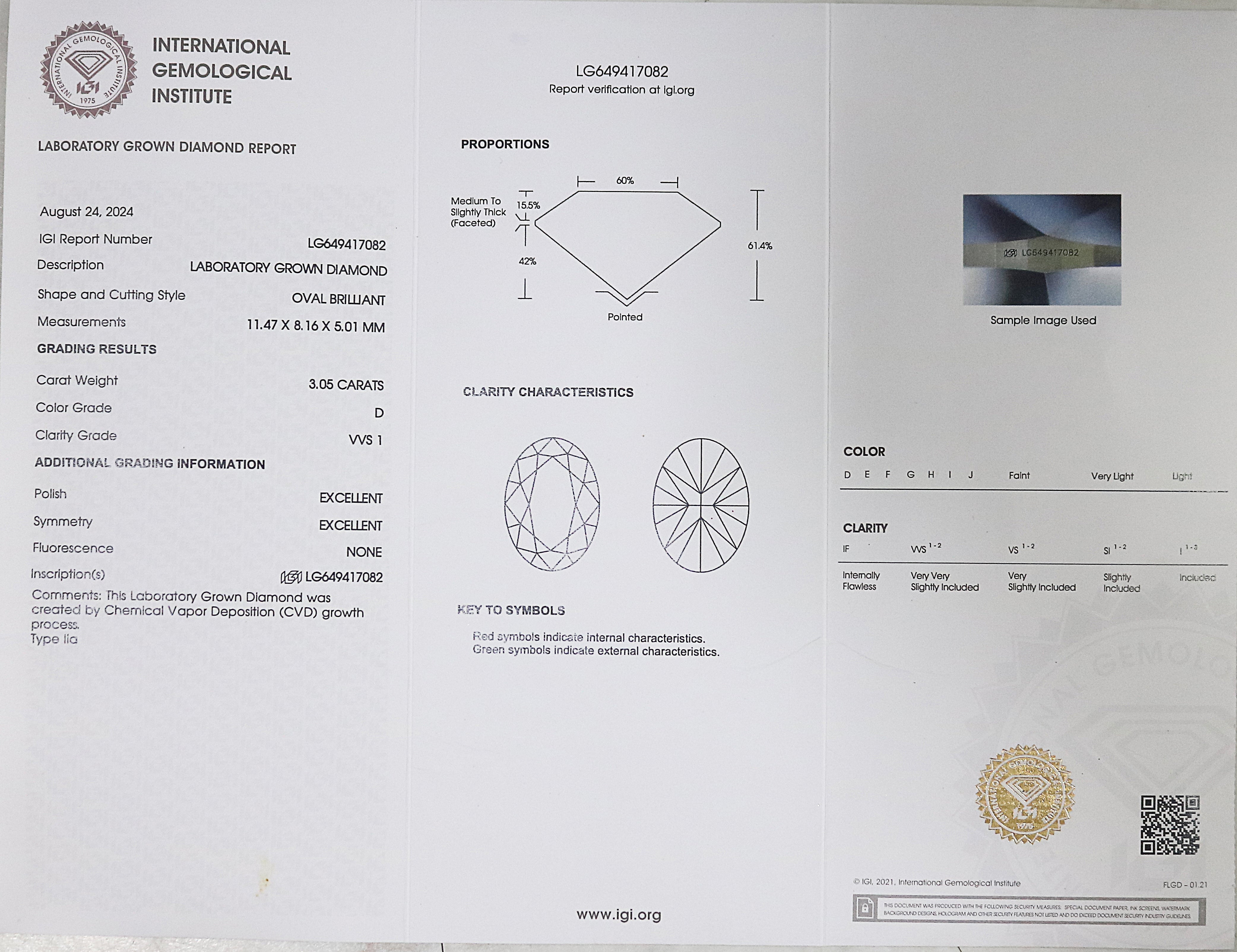 3.05 CT IGI Certified Oval Brilliant Cut Diamond White - D Color VVS1 Clarity Lab Grown Diamond Lab Created Oval Diamond CVD Diamond Q202