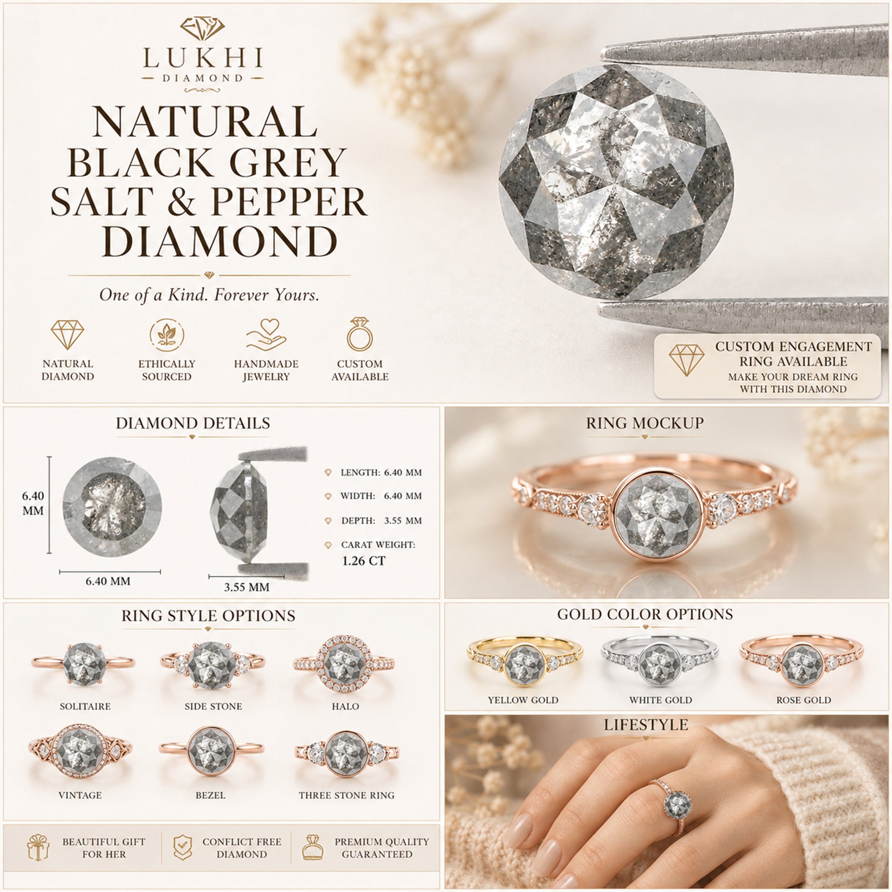Natural Round Salt and Pepper Diamond 1.26 CT Loose Rose Cut Black Grey Stone 6.40 MM Rustic Diamond For Custom Engagement Ring L3679