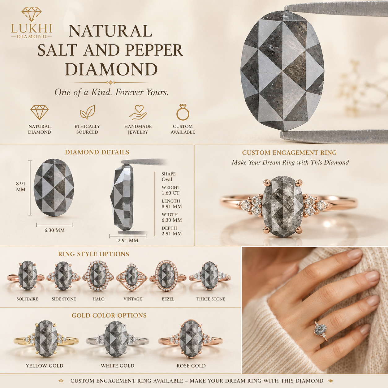 1.60 CT Natural Loose Oval Shape Diamond Salt And Pepper Oval Rose Cut Diamond 8.90 MM Black Grey Color Oval Shape Rose Cut Diamond QL2123