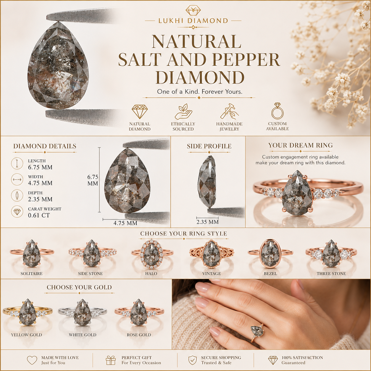0.61 CT Natural Loose Pear Shape Diamond Grey Color Pear Cut Diamond 6.75 MM Natural Loose Brown Color Diamond Pear Rose Cut Diamond KQ2332