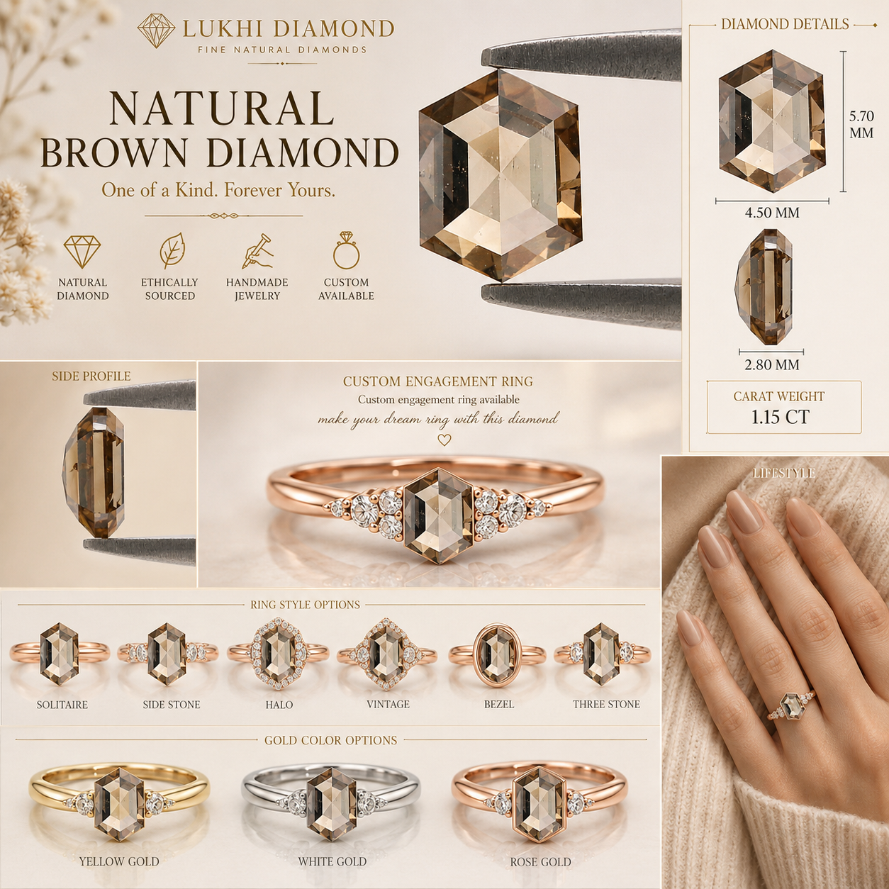 0.67 CT Natural Loose Hexagon Shape Diamond Brown Color Hexagon Cut Diamond 5.70 MM Natural Hexagon Shape Rose Cut Brown Color Diamond QL658