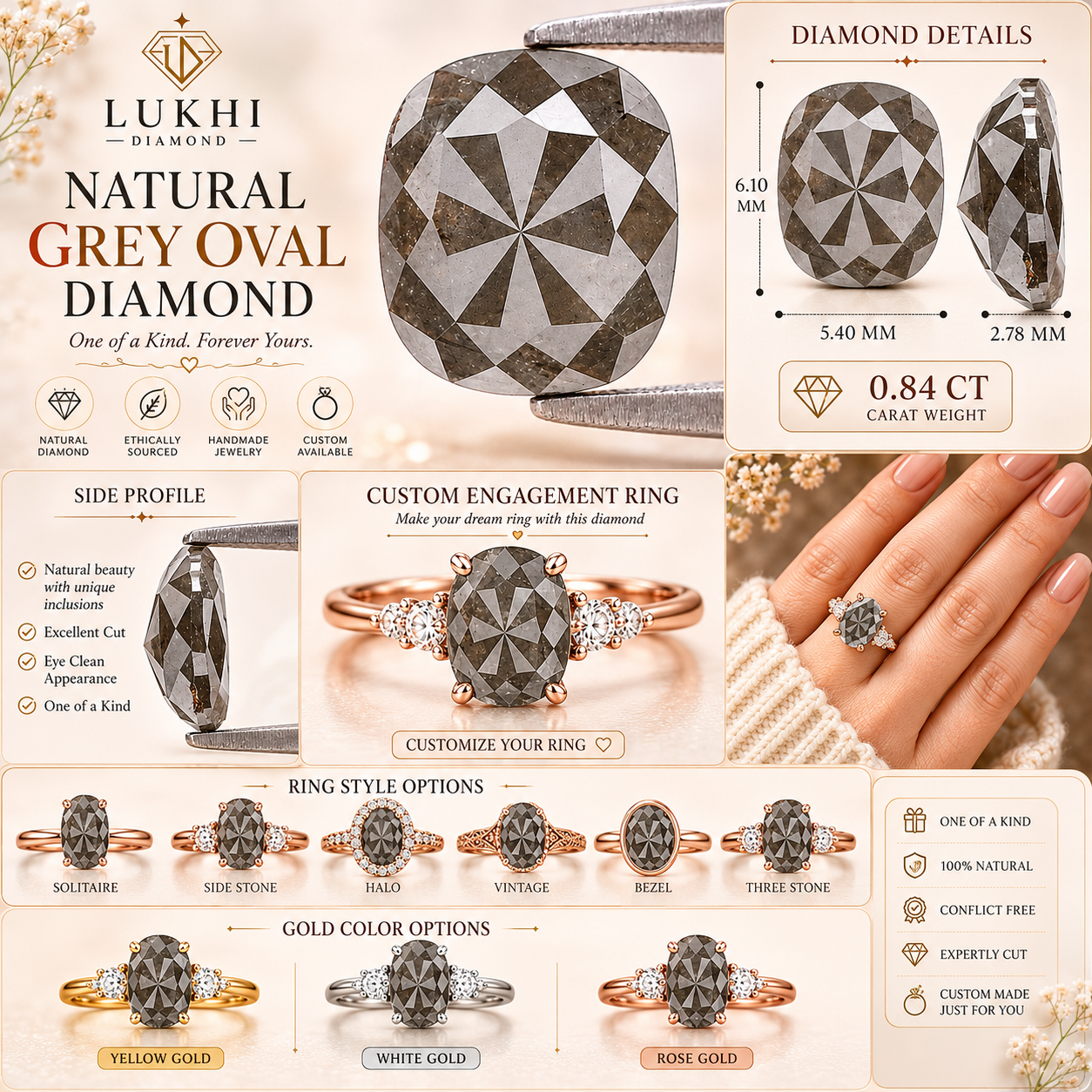 Natural Oval Diamond 0.84 CT Loose Rose Cut Grey Stone 6.10 MM Rustic Diamond For Custom Engagement Ring L3629