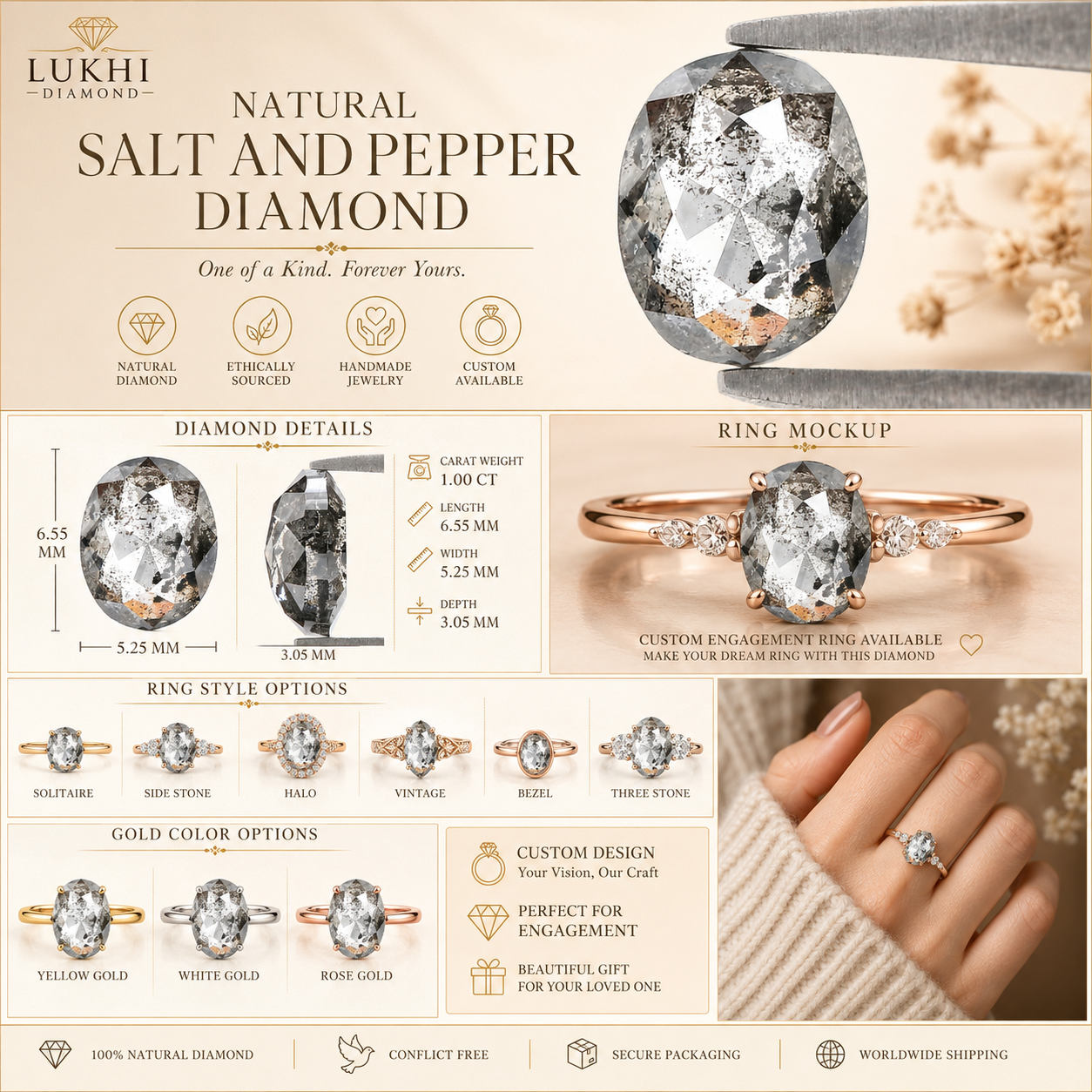 1.00 CT Natural Loose Oval Shape Diamond Salt And Pepper Oval Diamond 6.55 MM Natural Loose Black Grey Color Oval Rose Cut Diamond QL761