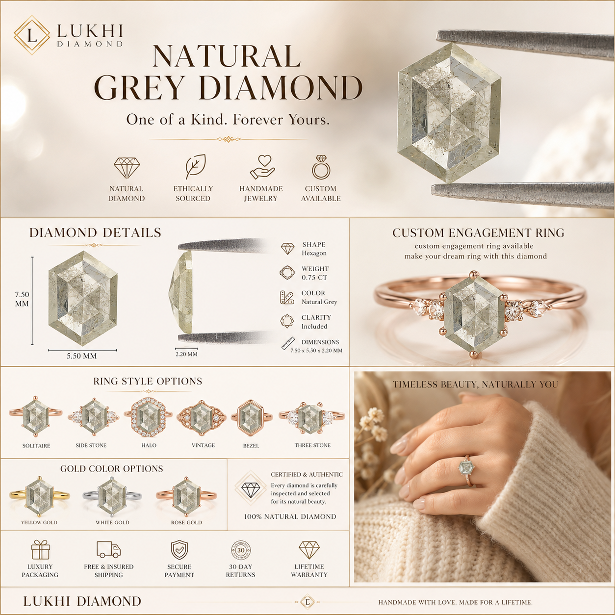 0.75 Ct Natural Loose Hexagon Shape Diamond Grey Hexagon Diamond 7.50 MM Natural Loose Grey Color Diamond Hexagon Rose Cut Diamond QK2097