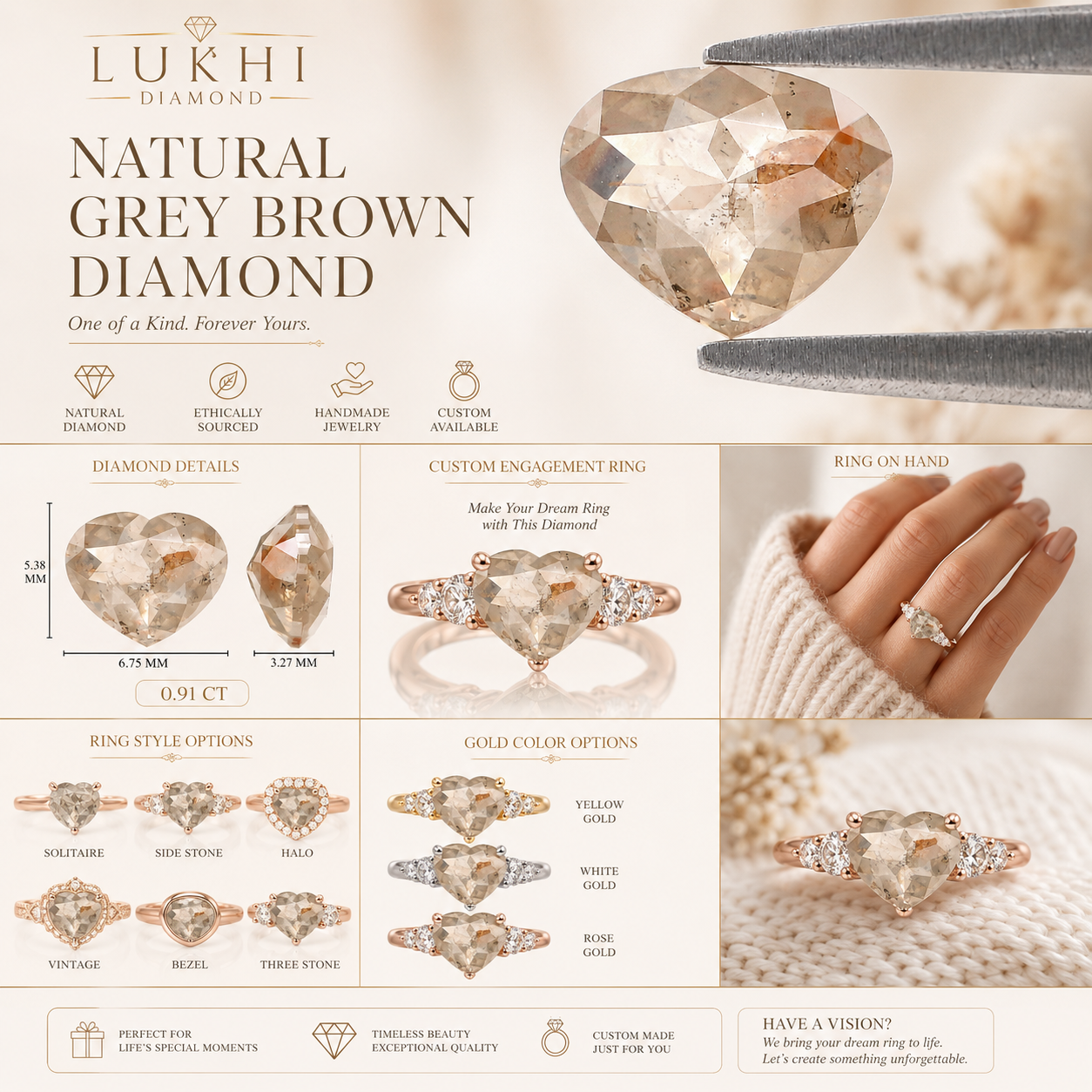 Natural Heart Grey Diamond 0.91 CT Loose Rose Cut Brown Stone 5.40 MM Rustic Diamond Heart Diamond For Custom Engagement Ring L3649