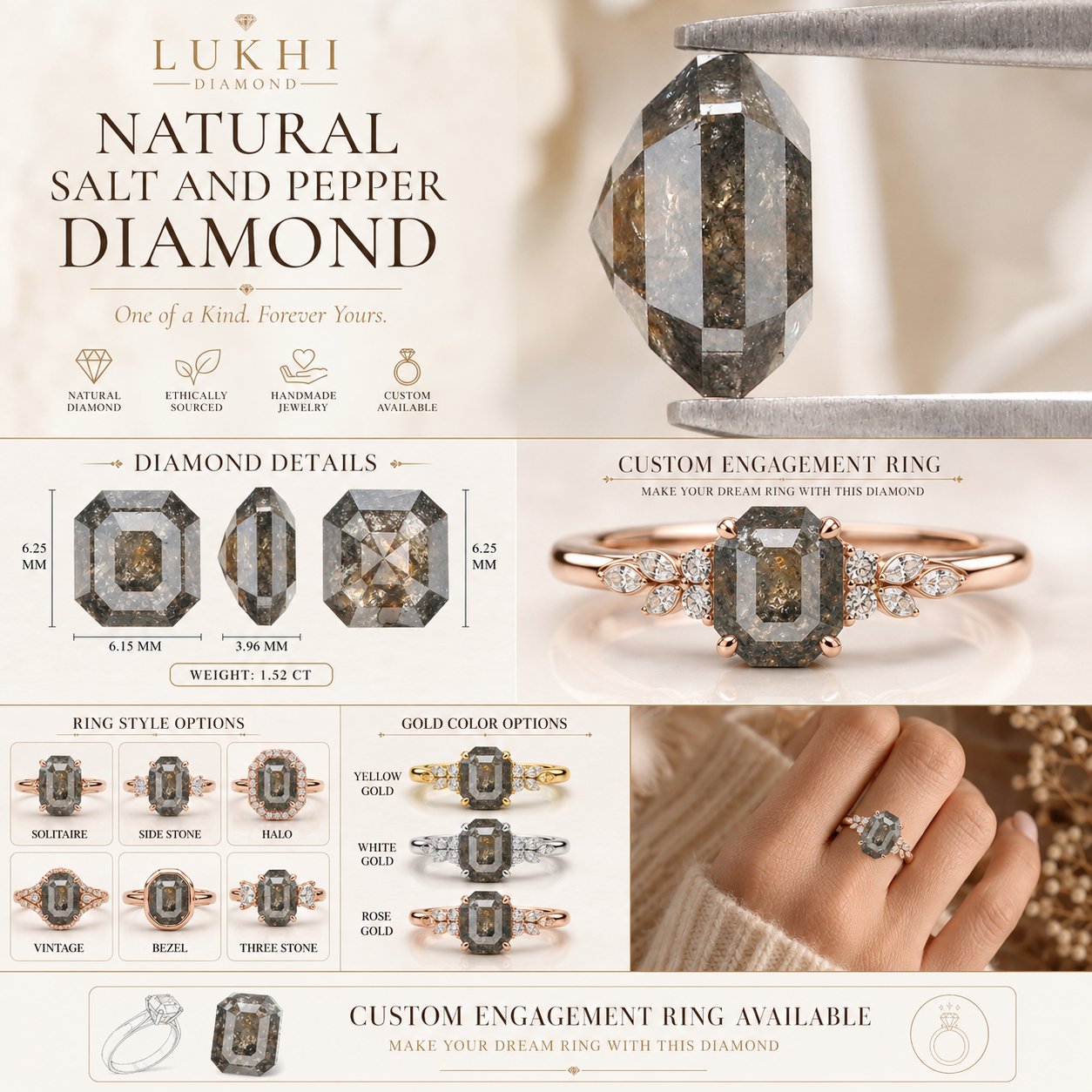 Natural Emerald Salt and Pepper Diamond 1.52 CT Loose Rose Cut Black Grey Stone 6.25 MM Rustic Diamond For Custom Engagement Ring L3654