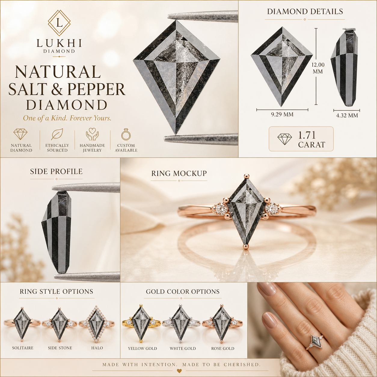 Natural Kite Salt and Pepper Diamond 2.71 CT Loose Rose Cut Black Grey Stone 12.00 MM Rustic Diamond For Custom Engagement Ring L3618