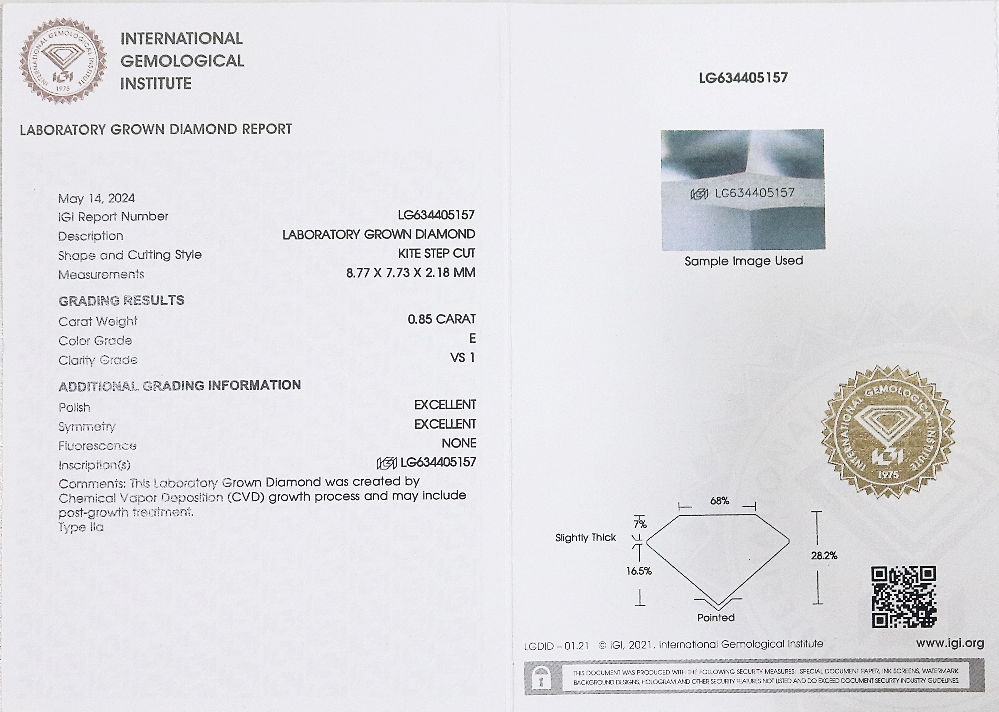 0.85 CT IGI Certified Kite Step Cut Diamond White - E Color VS1 Clarity Lab Grown Diamond Lab Created Kite Diamond Kite CVD Diamond Q172