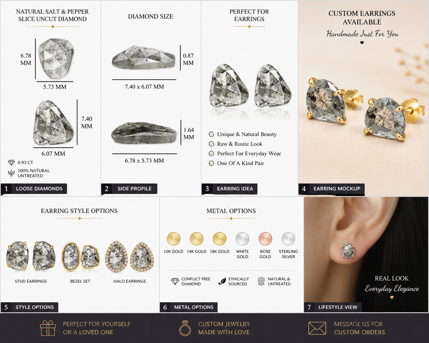 Natural Salt And Pepper Slice Diamond Pair Black Grey Loose Flat Diamond For Custom Galaxy Earrings Rustic Diamond Earring Stone L3622