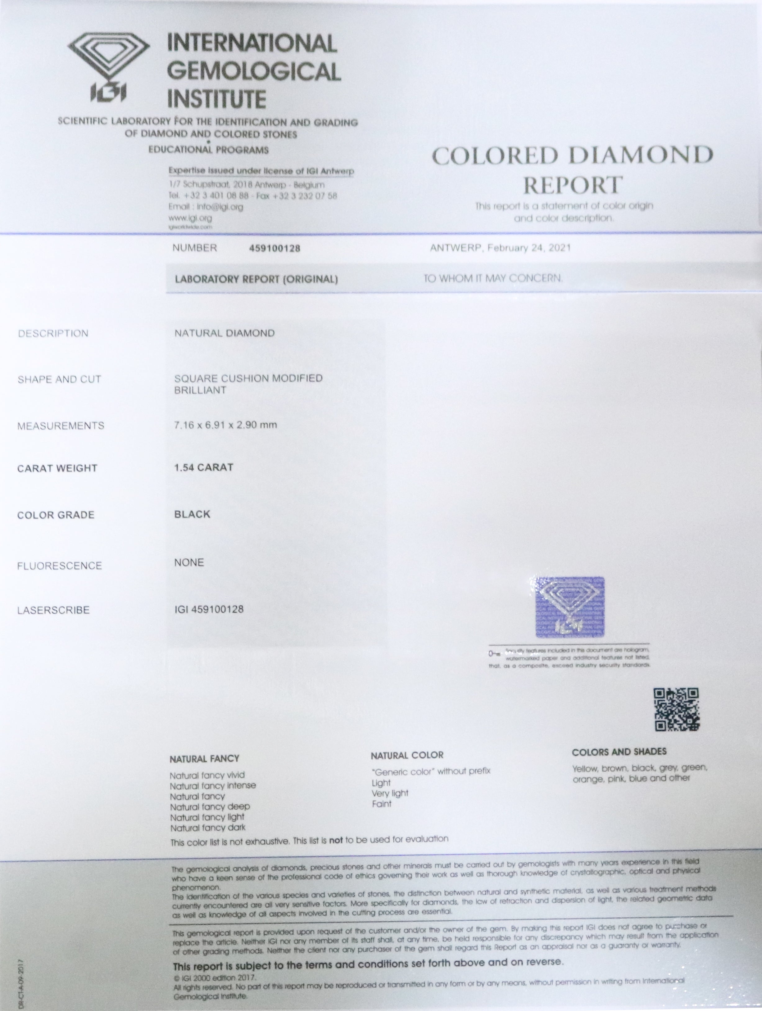 1.54 CT IGI Certified Natural Loose Cushion Modified Brilliant Cut Diamond Natural Black Color Diamond 7.15 MM Cushion Shape Diamond QL9398