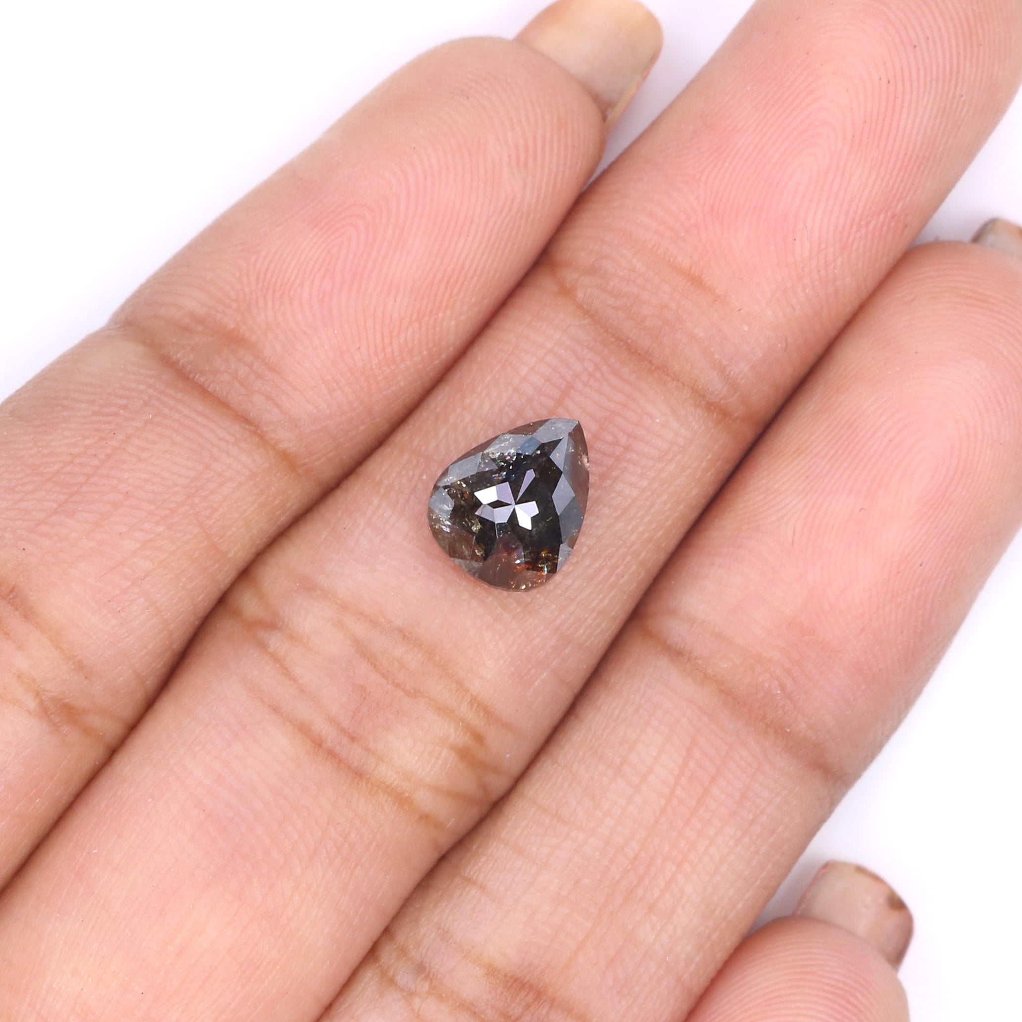 Natural Loose Pear Salt And Pepper Diamond Black Brown Color 1.92 CT 8.30 MM Pear Shape Rose Cut Diamond L8180