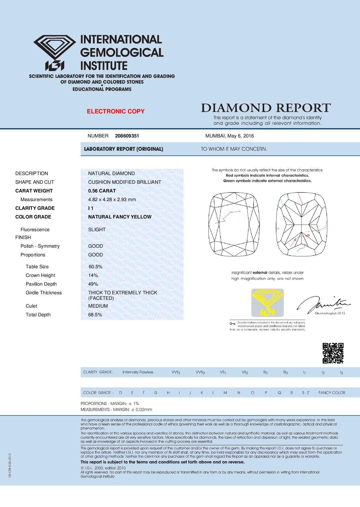 IGI Certified Natural Loose Cushion Modified Brilliant Cut Diamond, Natural Fancy Yellow Color Diamond, Cushion Shape Diamond 0.56 CT KDL7701