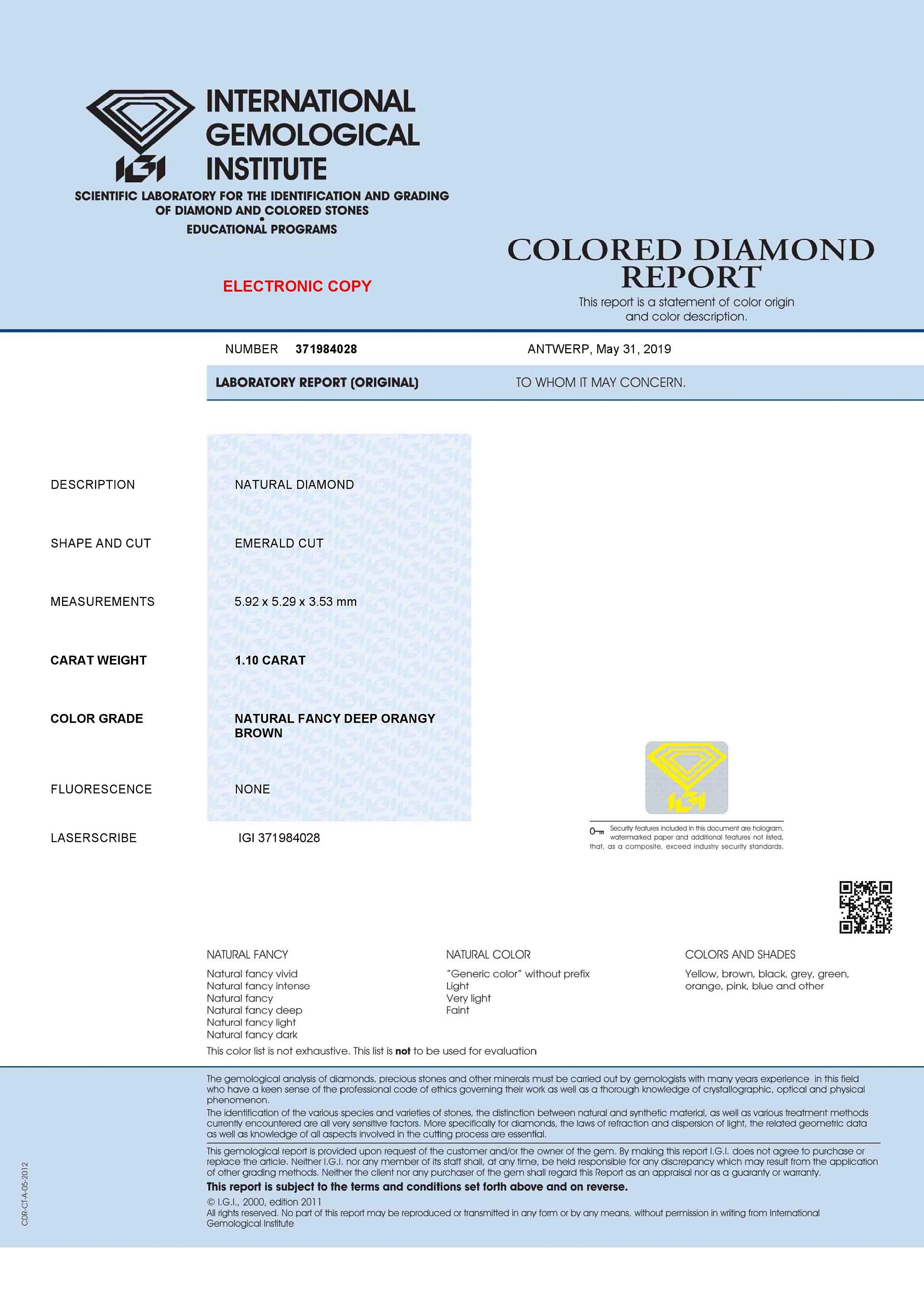 IGI CERTIFIED Natural Loose Diamond Emerald Deep Orangy Brown Color SI2 Clarity 1.10 Ct KDL7721